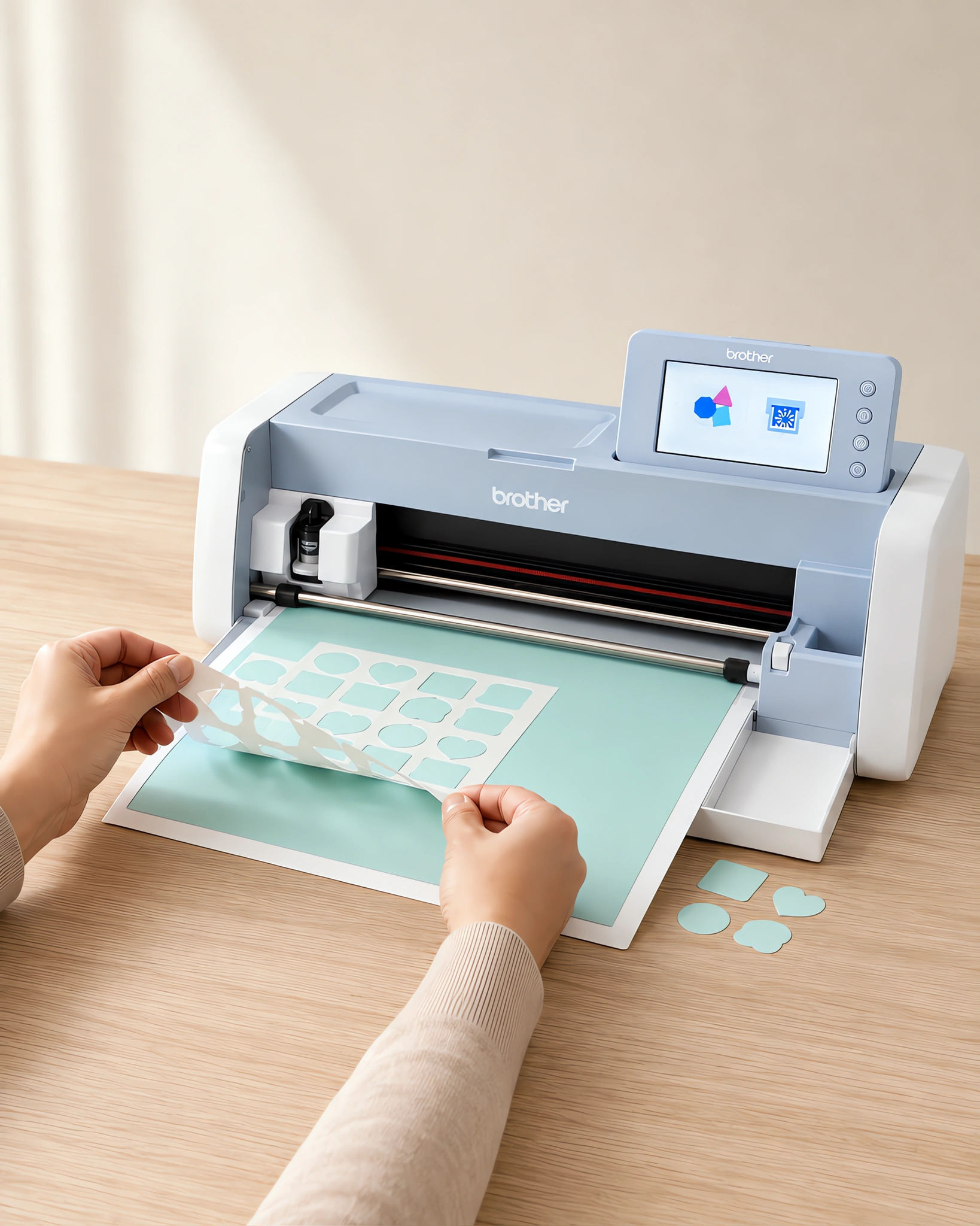 Manos retirando una plancha de stickers recién cortada del plotter de corte
