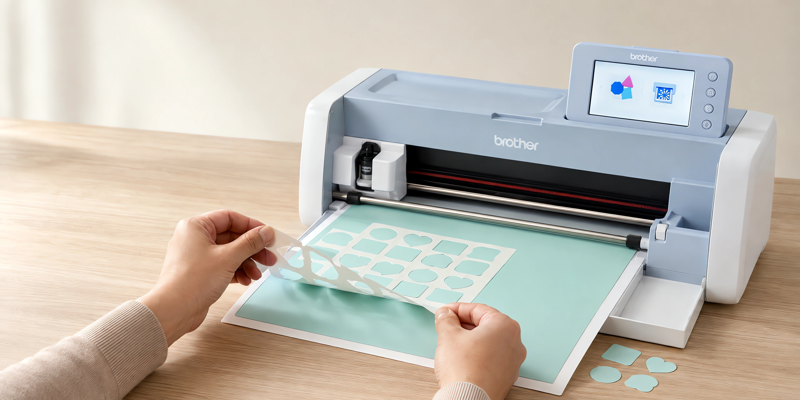 Manos retirando una plancha de stickers recién cortada del plotter de corte