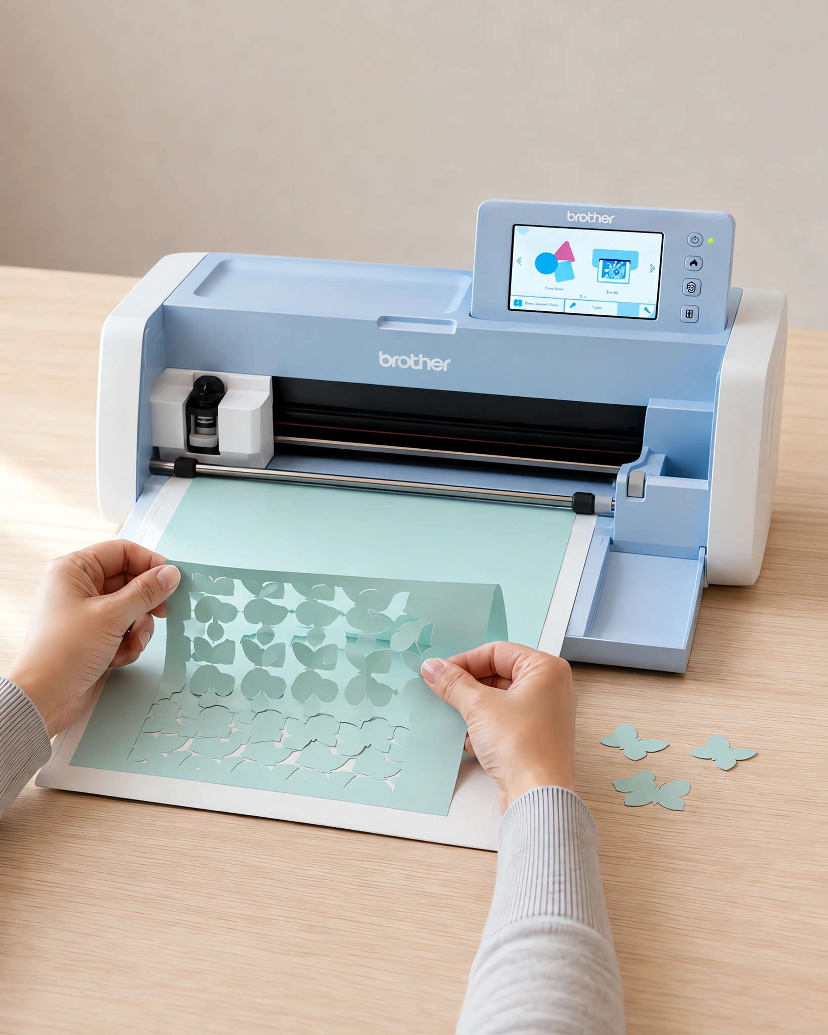 Manos retirando una plancha de stickers recién cortada del plotter de corte
