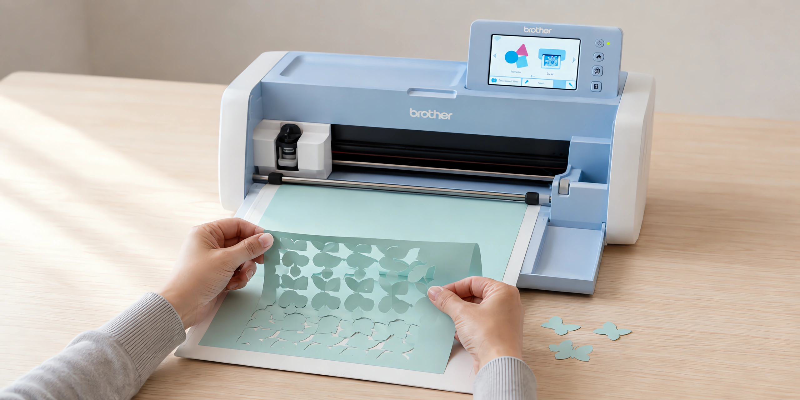 Manos retirando una plancha de stickers recién cortada del plotter de corte