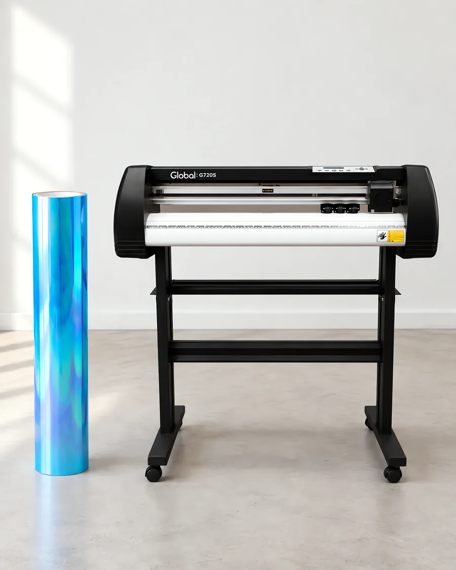 Rollo de vinilo camaleon optica azul cielo, parado junto al plóter de corte
