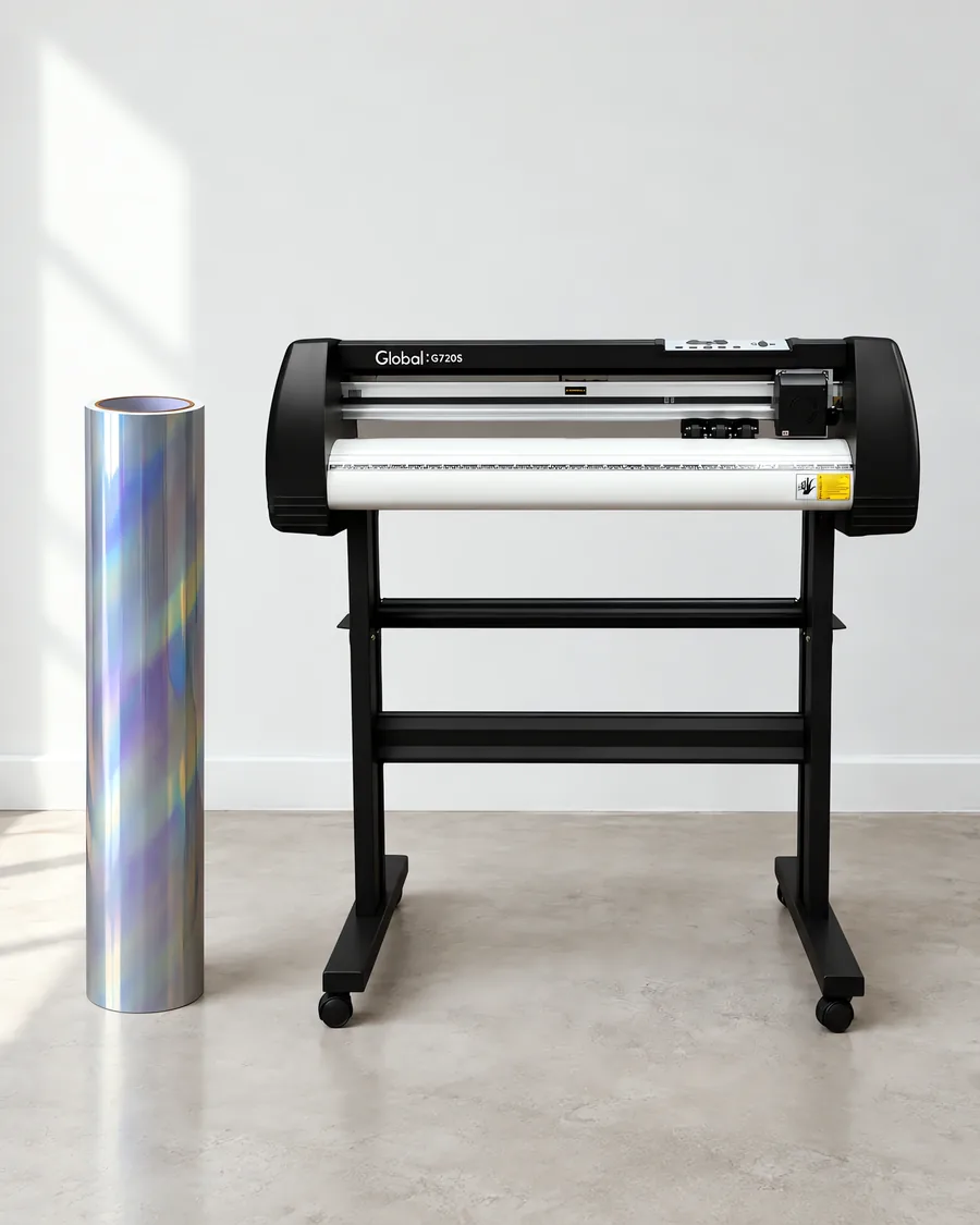 Rollo de vinilo camaleon optica gris, parado junto al plóter de corte