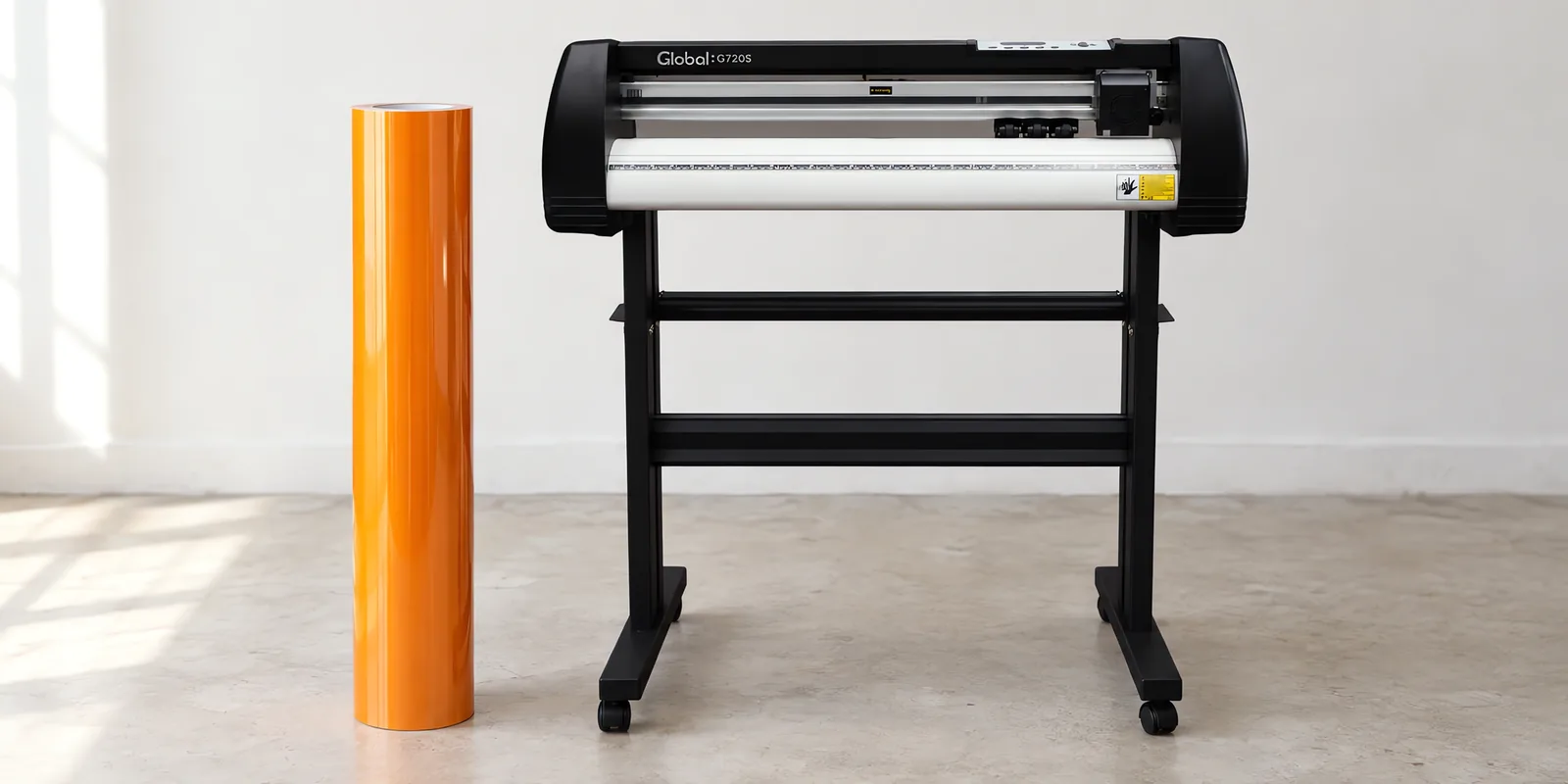 Rollo de vinilo camaleon optica naranja, parado junto al plóter de corte