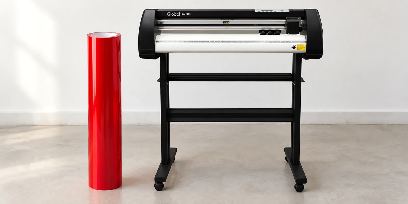 Rollo de vinilo camaleon optica rojo, parado junto al plóter de corte