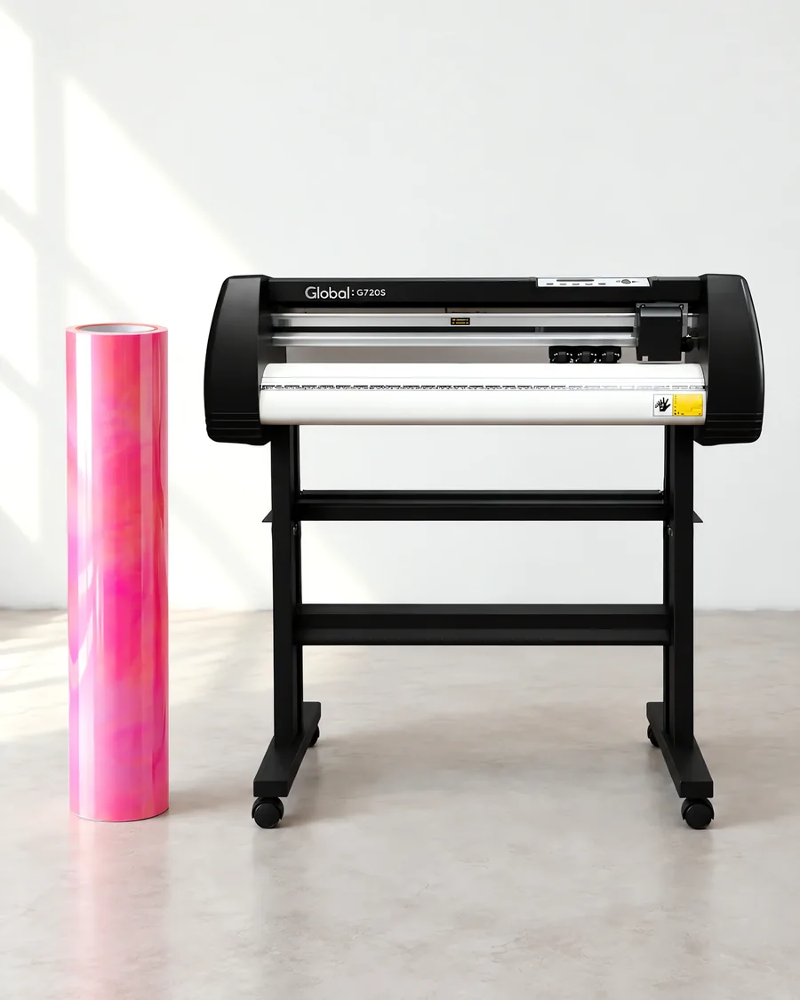 Rollo de vinilo camaleon optica rosado, parado junto al plóter de corte