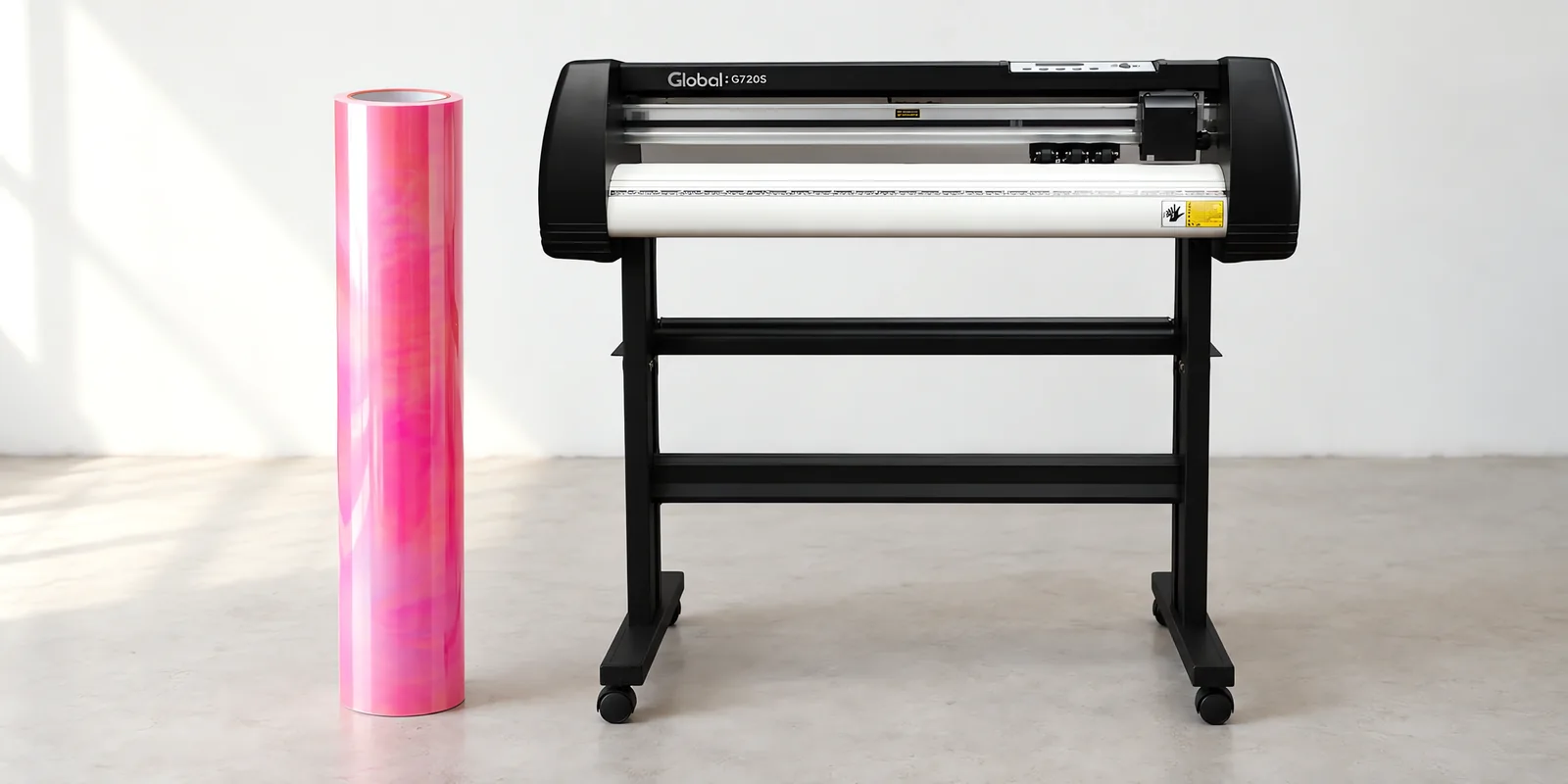 Rollo de vinilo camaleon optica rosado, parado junto al plóter de corte