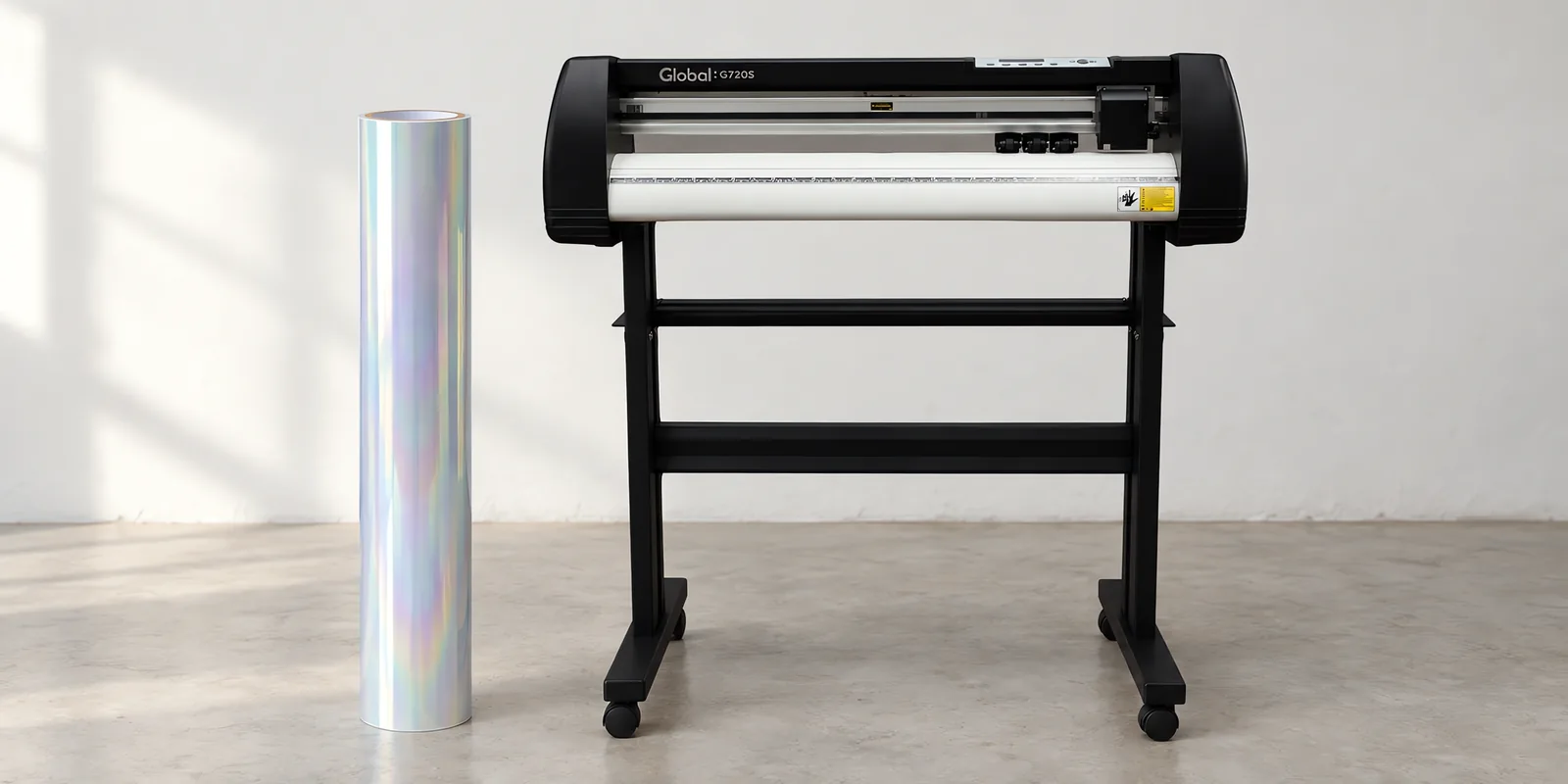 Rollo de vinilo camaleon optica transp, parado junto al plóter de corte