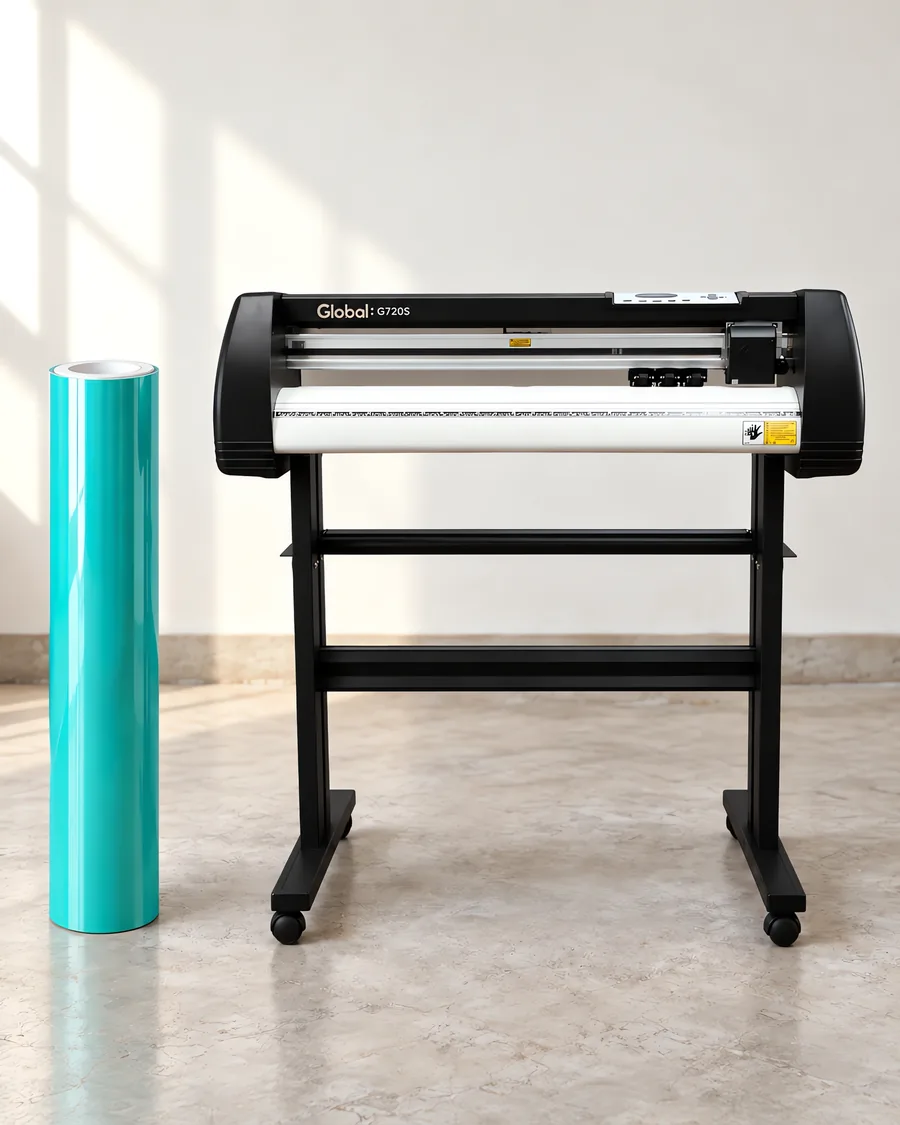 Rollo de vinilo camaleon optica verde claro, parado junto al plóter de corte