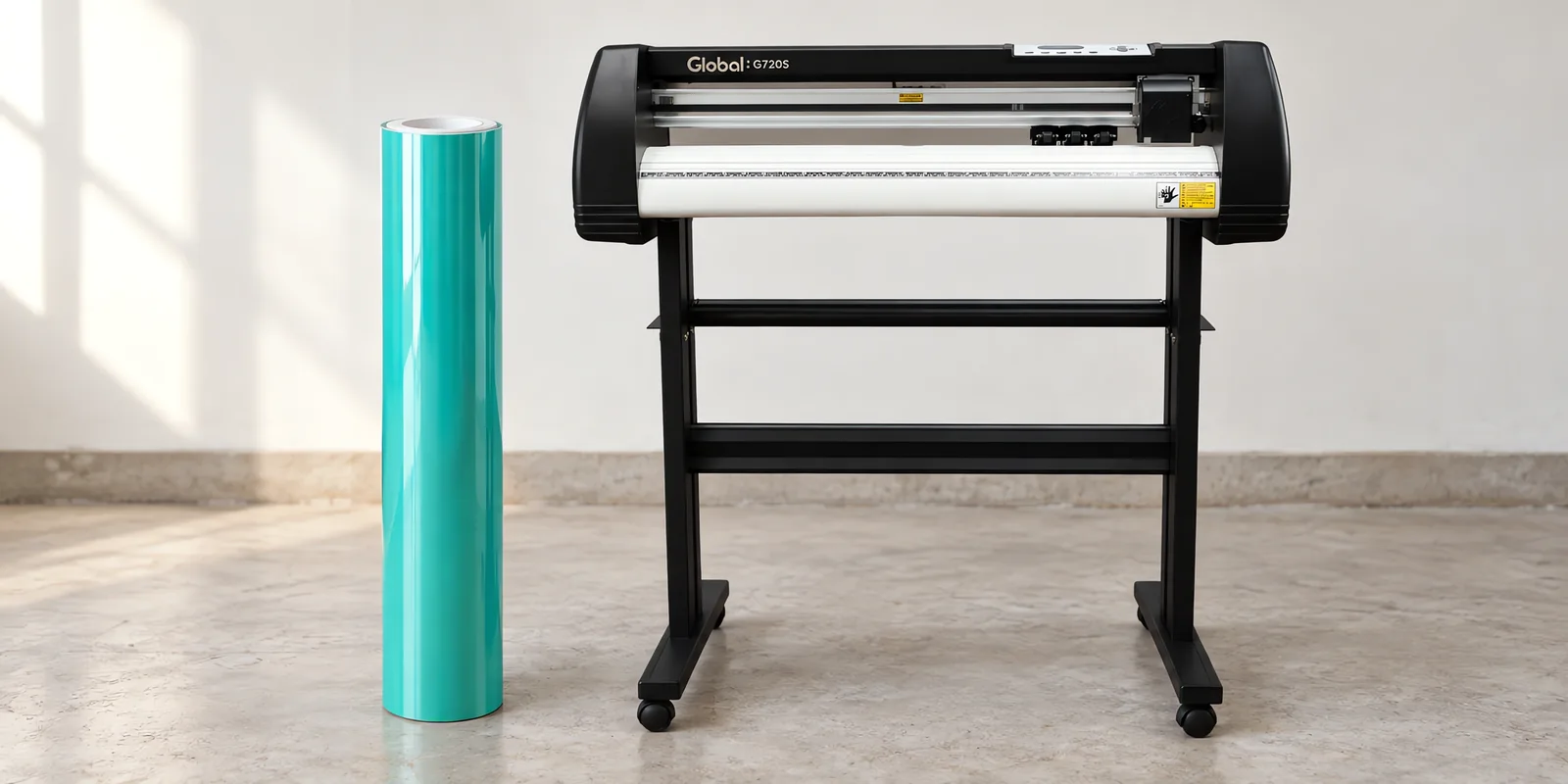 Rollo de vinilo camaleon optica verde claro, parado junto al plóter de corte