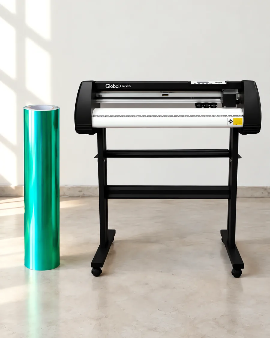 Rollo de vinilo camaleon optica verde oscuro, parado junto al plóter de corte