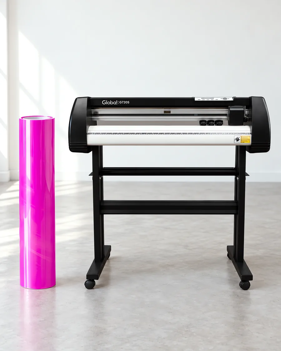 Rollo de vinilo camaleon optica violeta, parado junto al plóter de corte