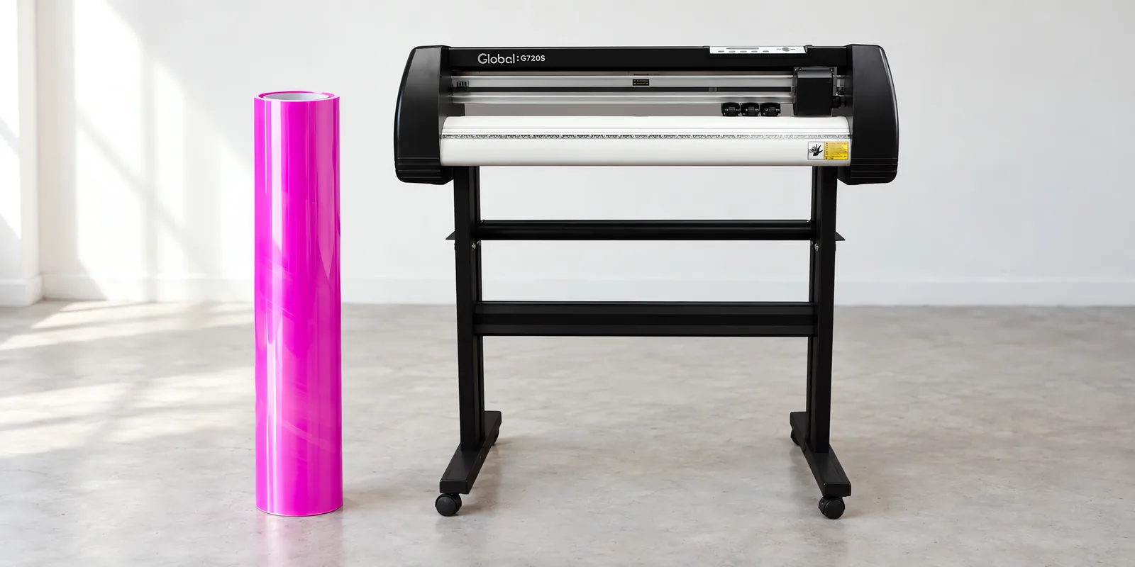 Rollo de vinilo camaleon optica violeta, parado junto al plóter de corte