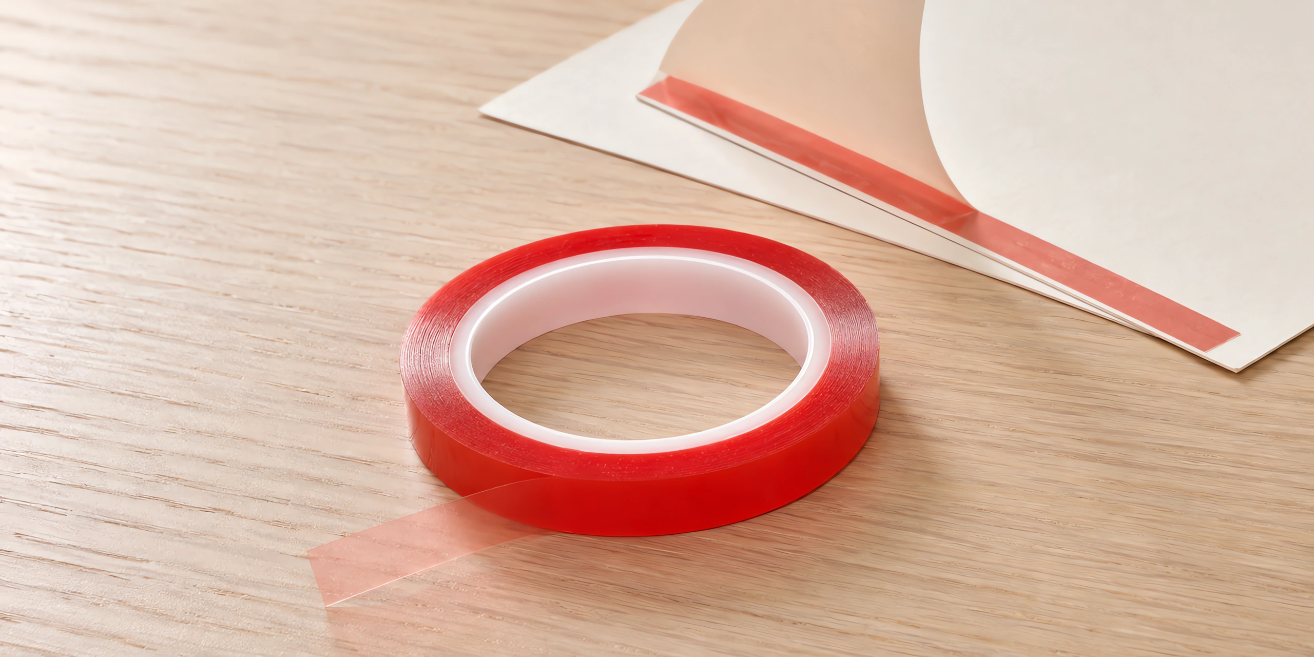 Rollo de cinta doble faz permanente de 12 mm sobre la mesa, con una tira aplicada al lado