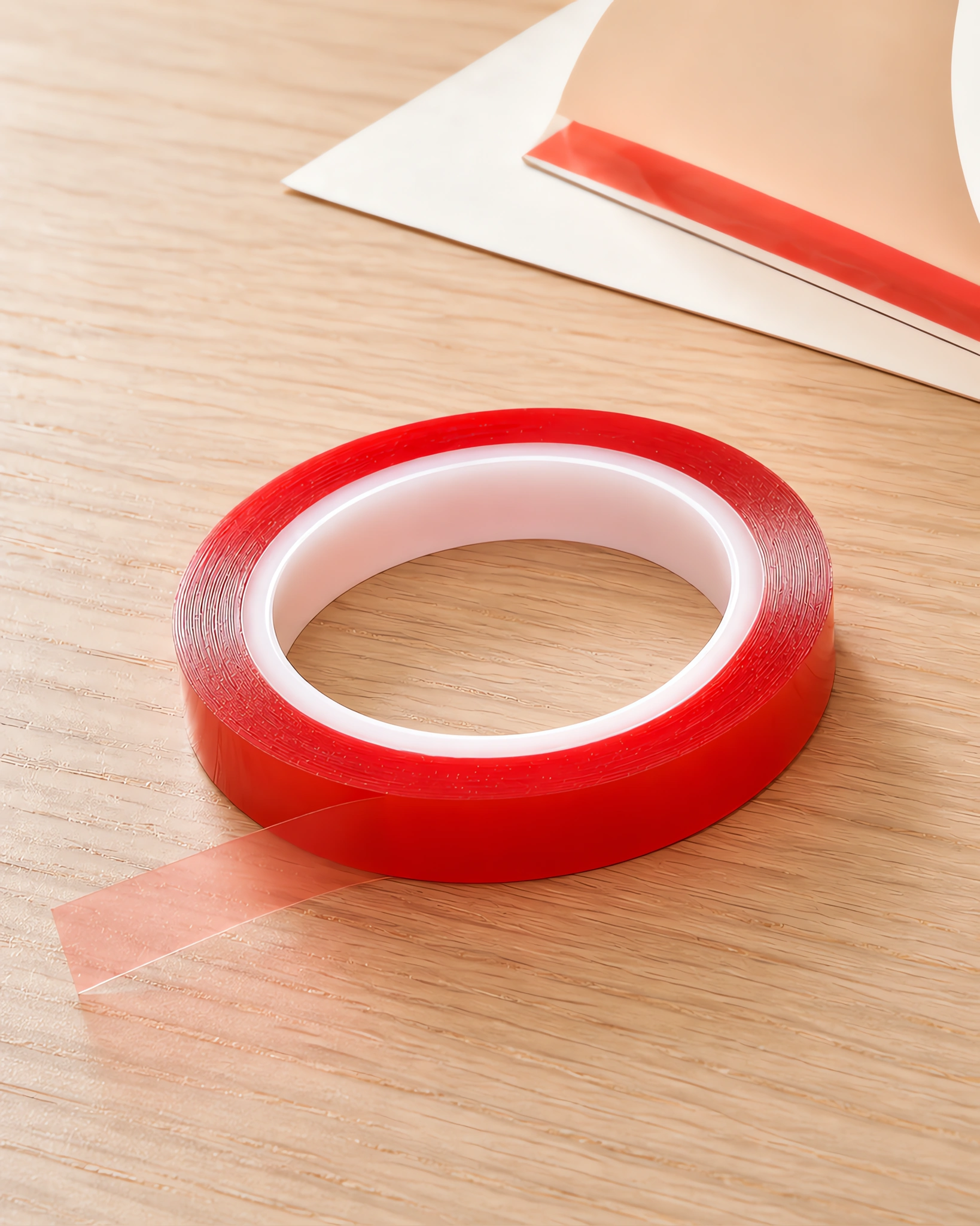 Rollo de cinta doble faz permanente de 12 mm sobre la mesa, con una tira aplicada al lado
