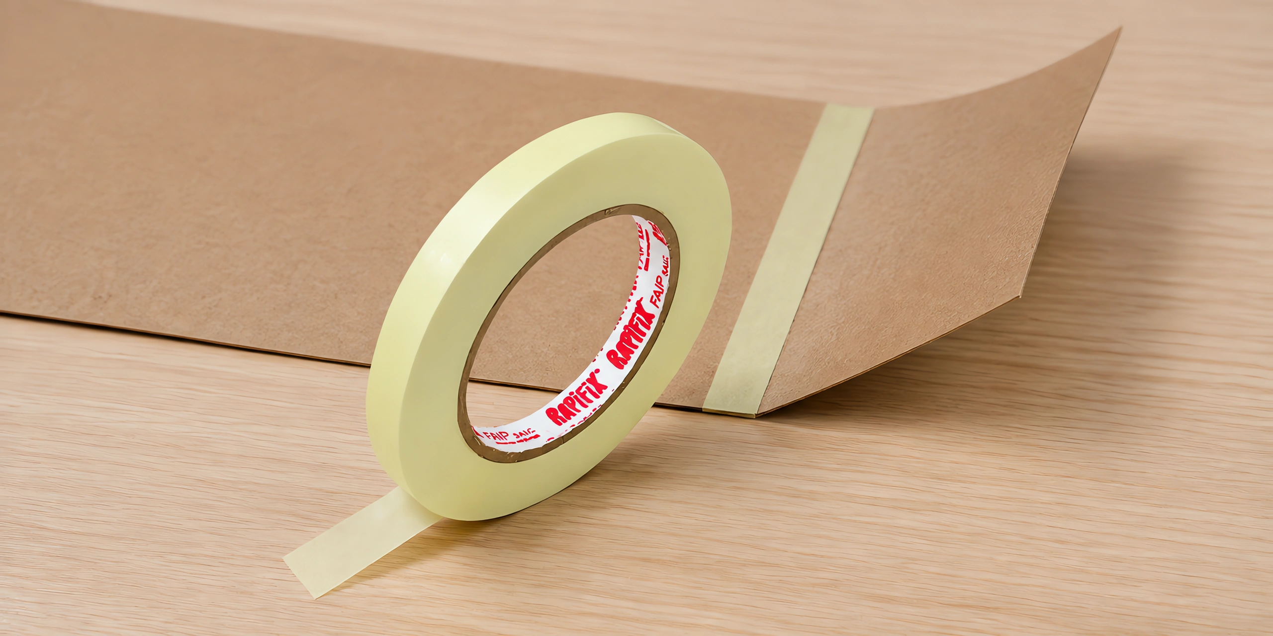 Rollo de cinta bifaz de papel de 24 mm de pie sobre la mesa, con un tramo aplicado al lado