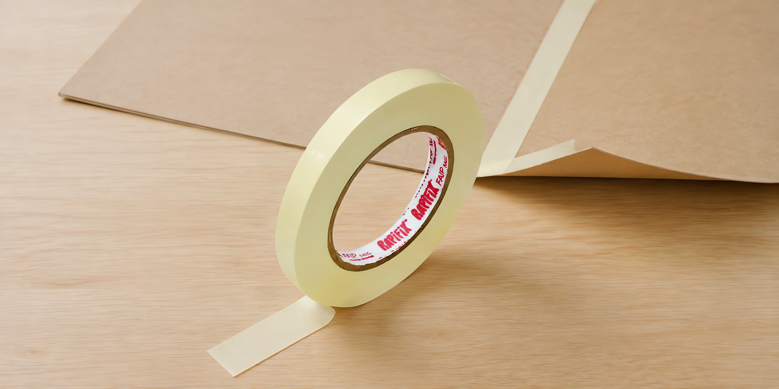 Rollo de cinta bifaz de papel de 48 mm de pie sobre la mesa, con un tramo aplicado al lado