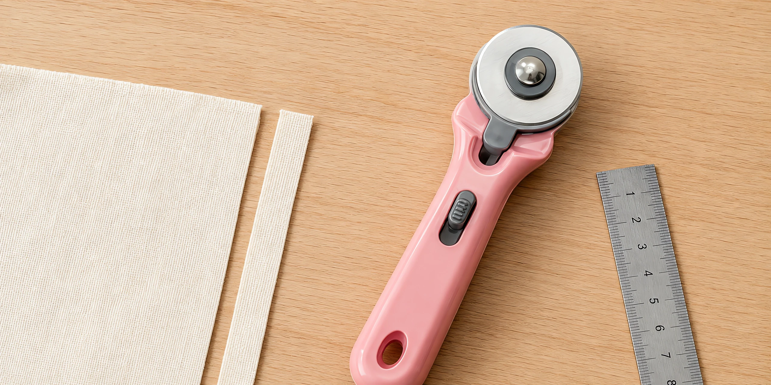 Cúter rotativo rosado de 45 mm sobre la mesa, con una tira de tela cortada al lado