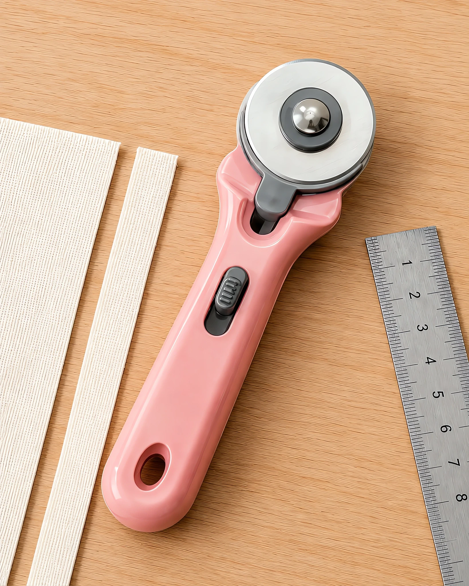 Cúter rotativo rosado de 45 mm sobre la mesa, con una tira de tela cortada al lado
