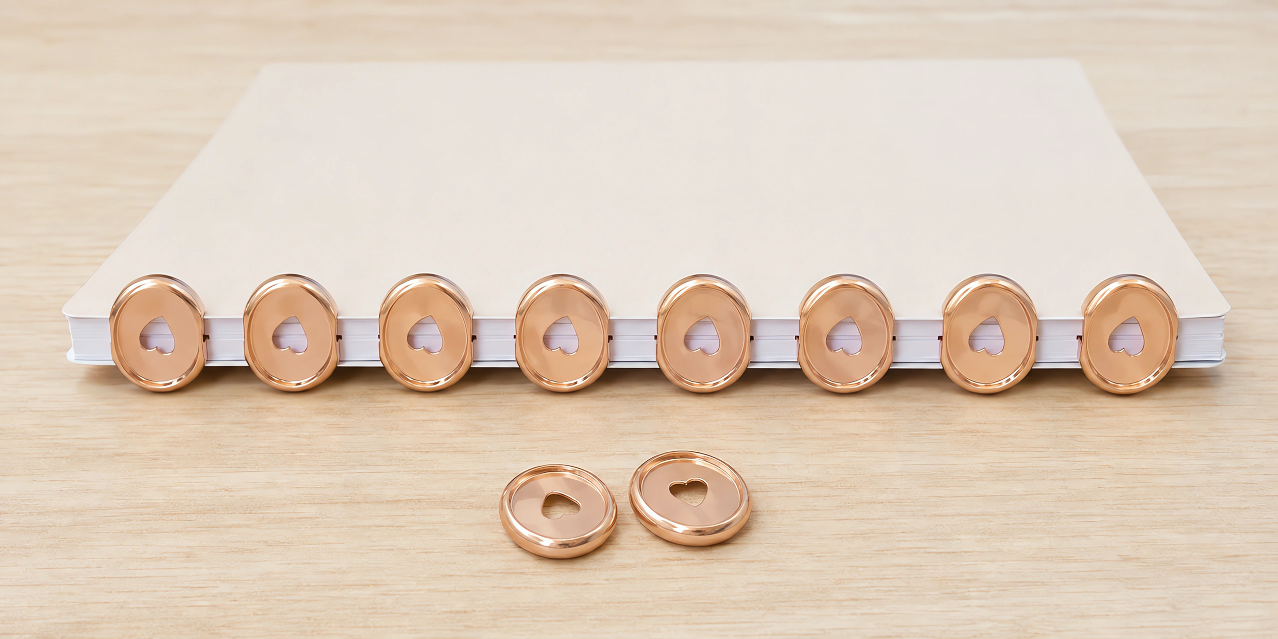 Discos de expansión rosa gold de 24 mm puestos en el lomo de un cuaderno, con dos discos sueltos delante