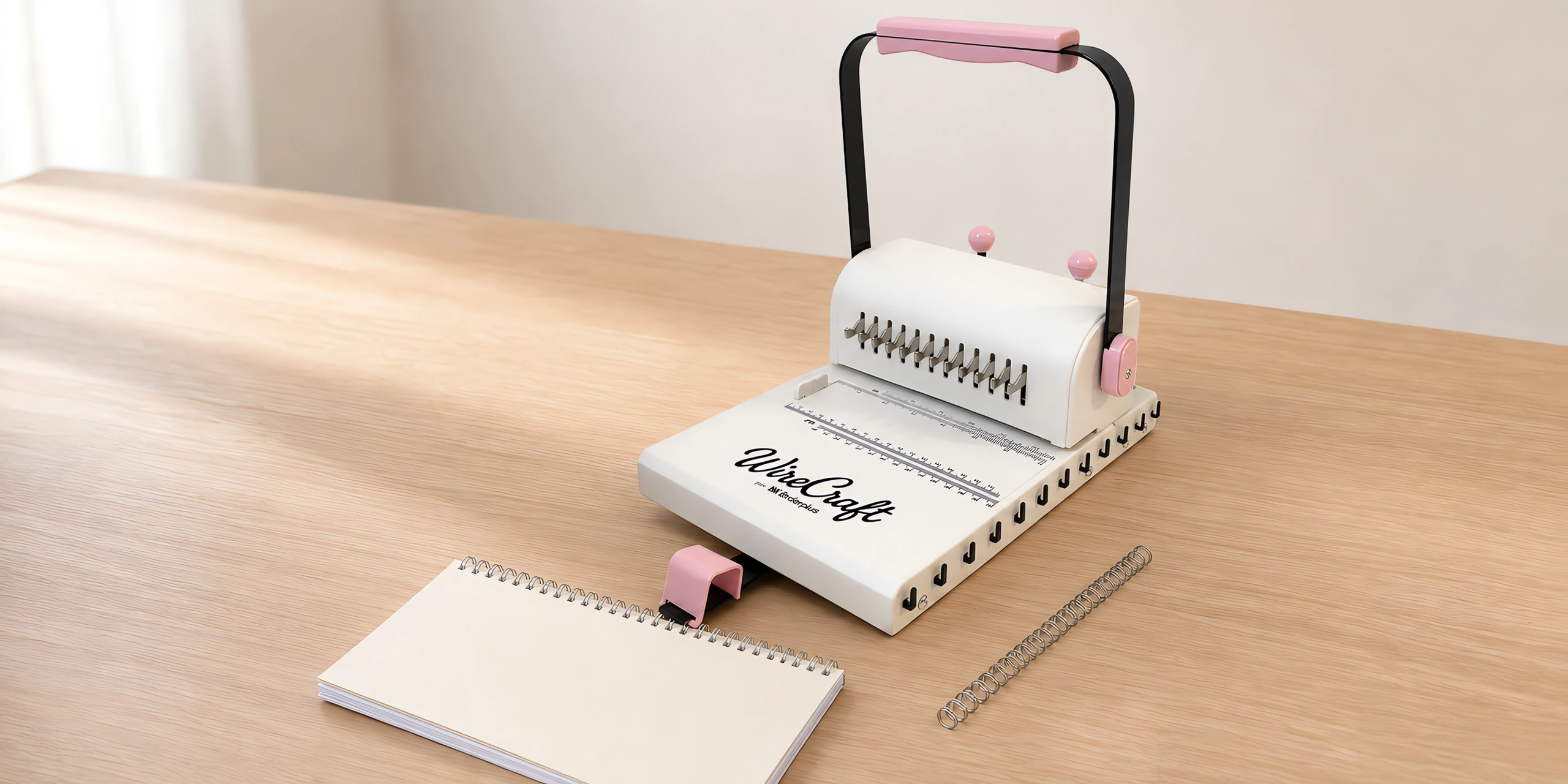 Anilladora de alambre rosa sobre la mesa, con un cuaderno anillado al lado