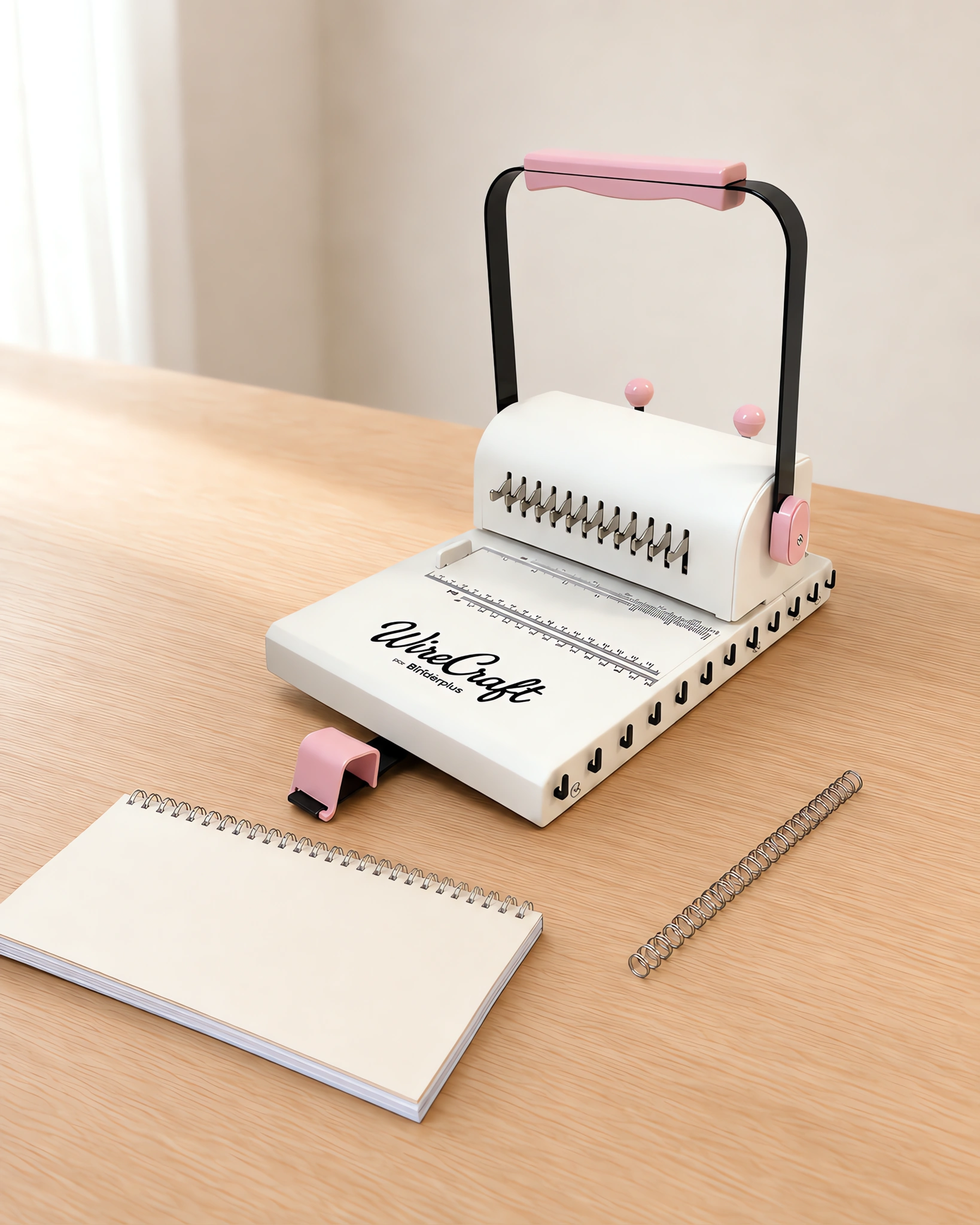 Anilladora de alambre rosa sobre la mesa, con un cuaderno anillado al lado