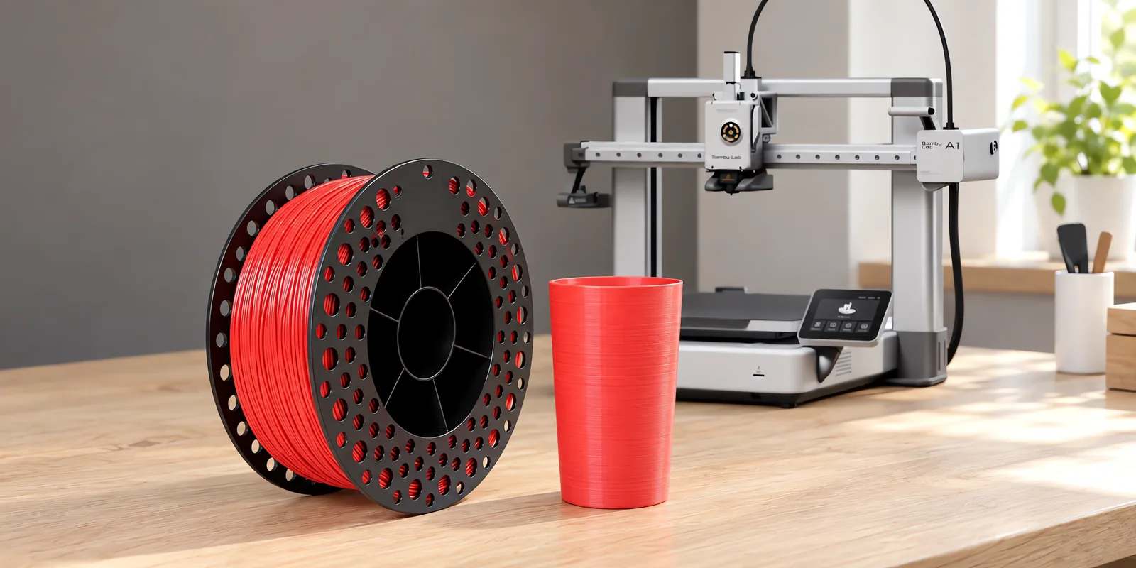 Carretel de filamento epet rojo carmin sobre una mesa de roble claro, con una impresora 3D detrás y un vaso impresa en el mismo color al lado.