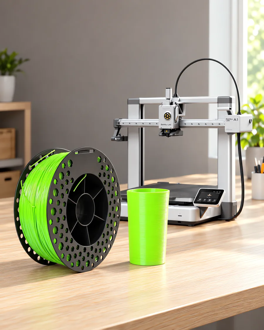 Carretel de filamento epet verde lima sobre una mesa de roble claro, con una impresora 3D detrás y un vaso impresa en el mismo color al lado.