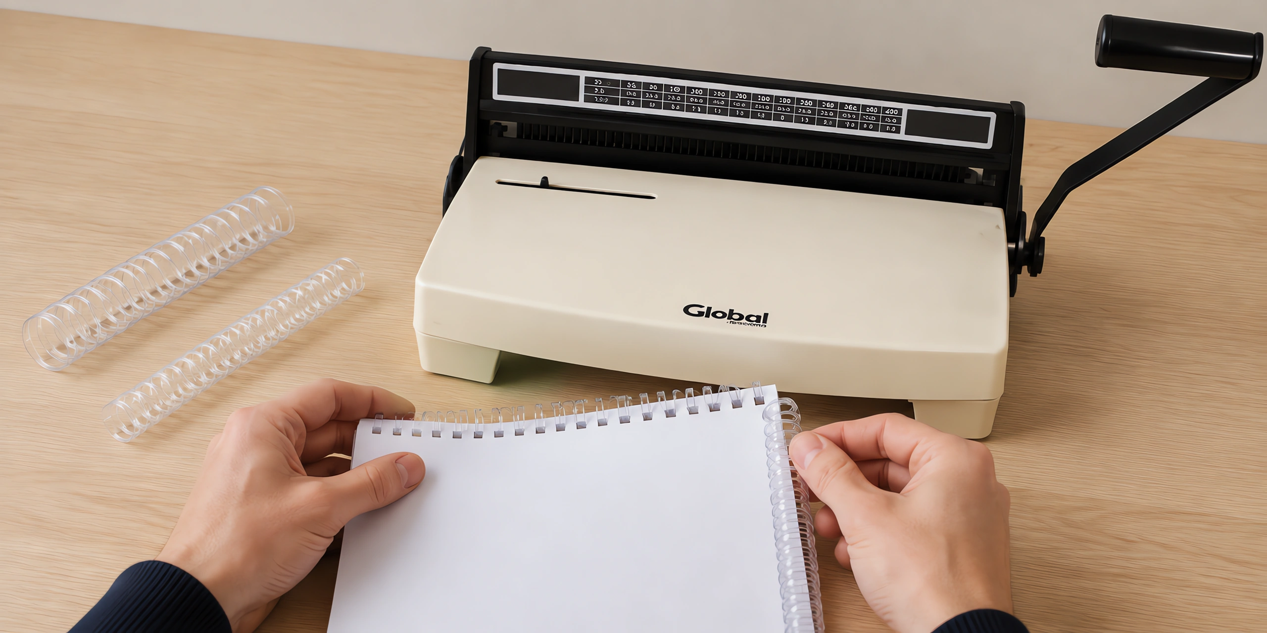 Manos enroscando el espiral plástico en un cuaderno perforado