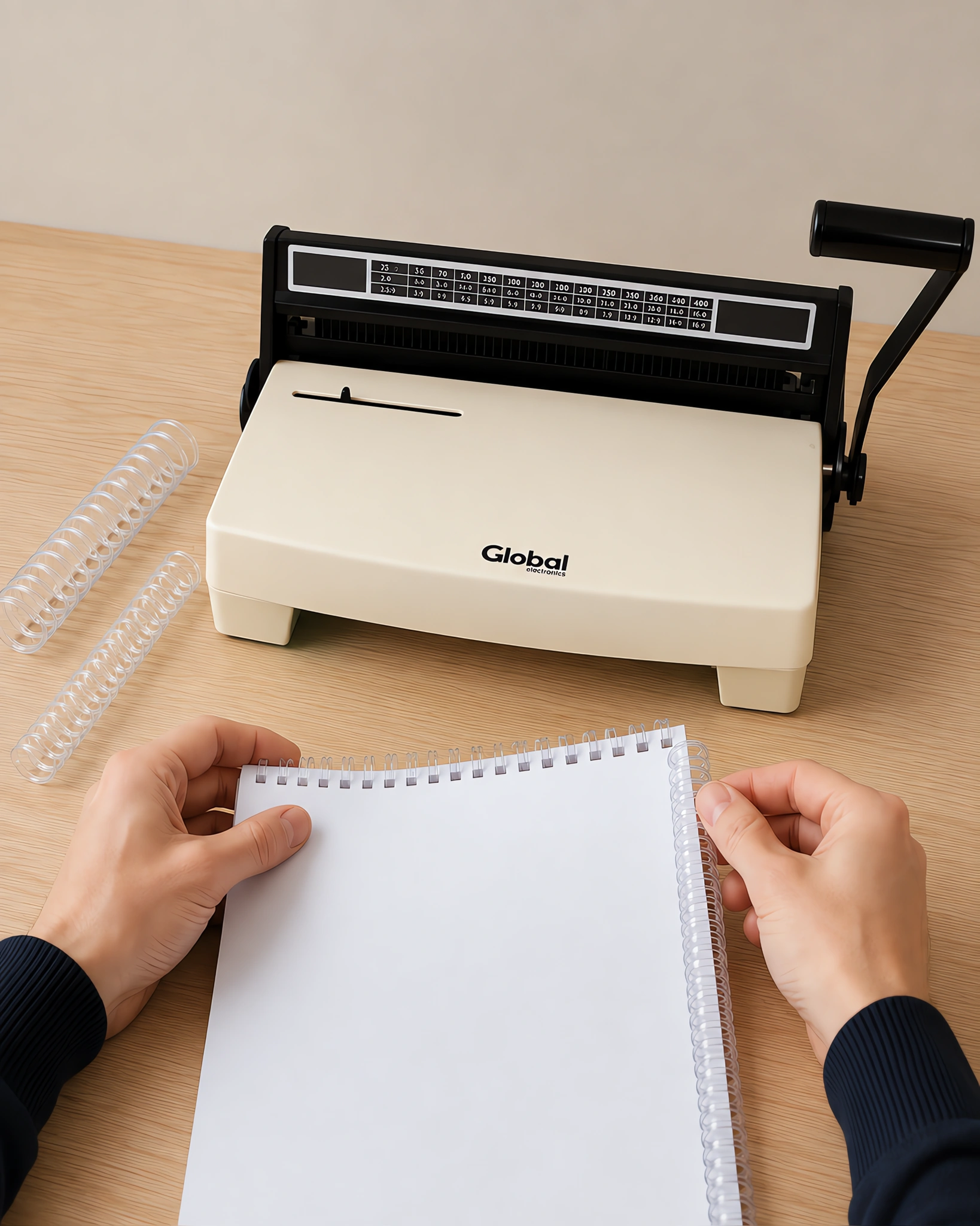 Manos enroscando el espiral plástico en un cuaderno perforado