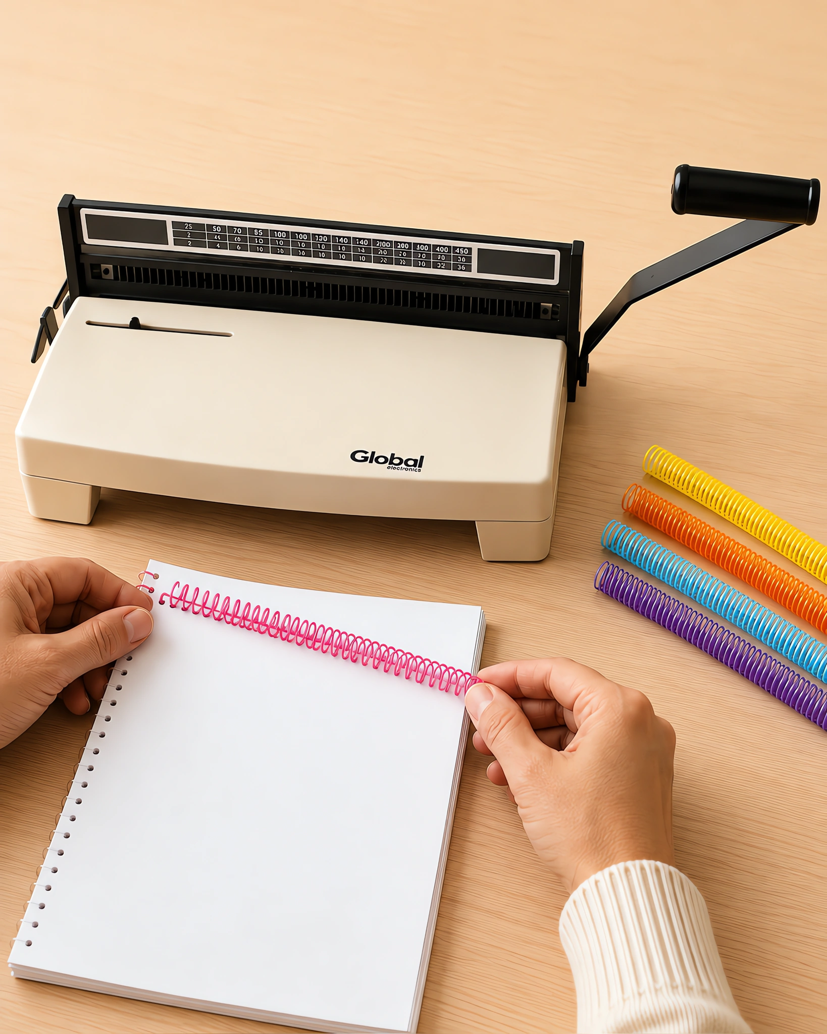 Manos enroscando un espiral de color en un cuaderno perforado, con la espiraladora detrás