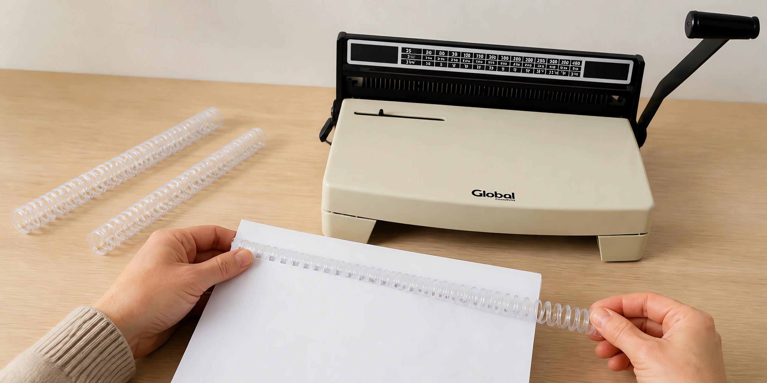 Manos enroscando el espiral plástico en un cuaderno perforado