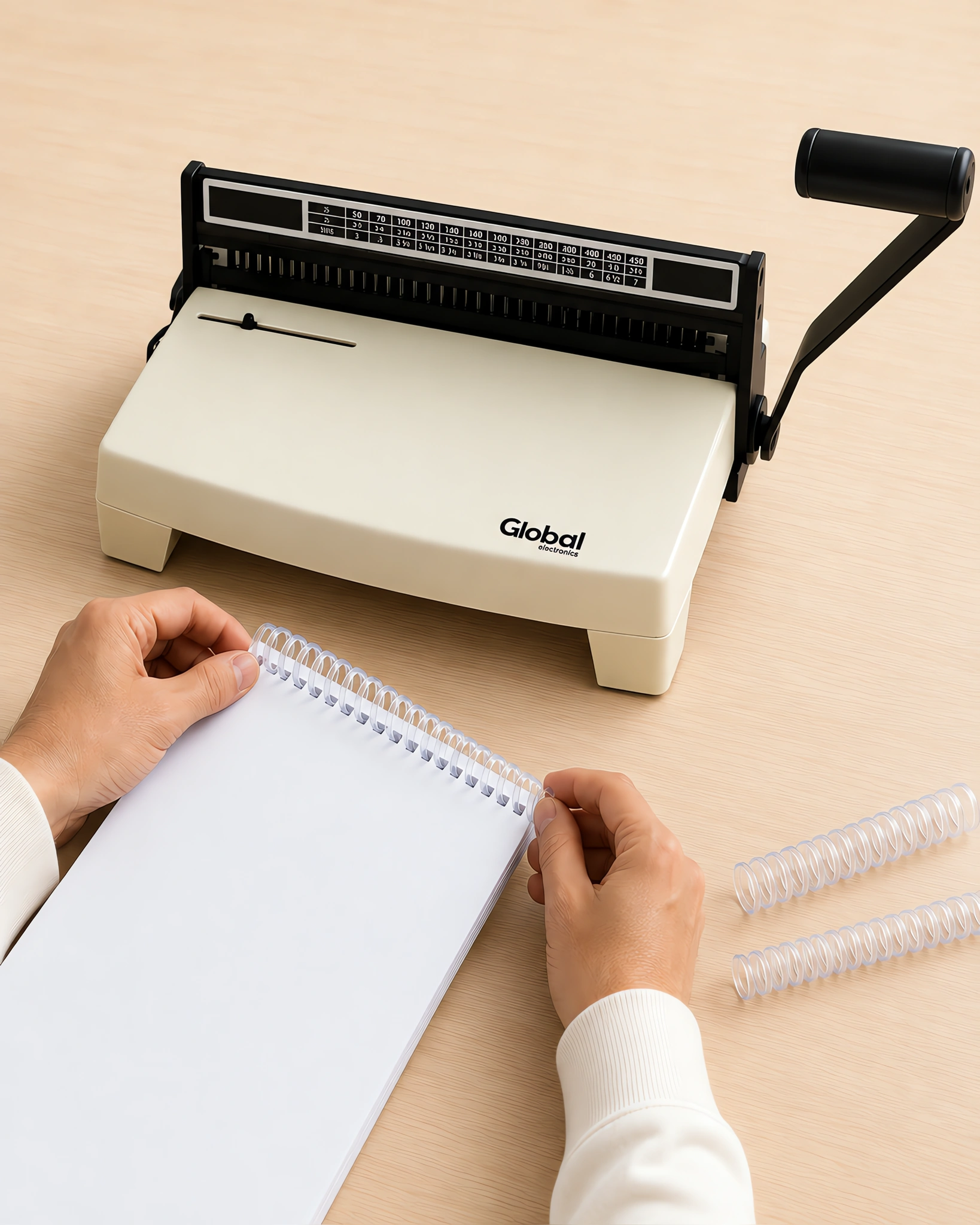 Manos enroscando el espiral plástico en un cuaderno perforado