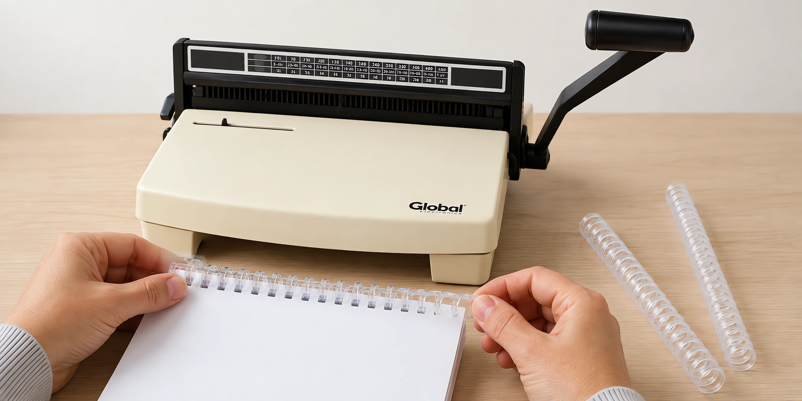 Manos enroscando el espiral plástico en un cuaderno perforado