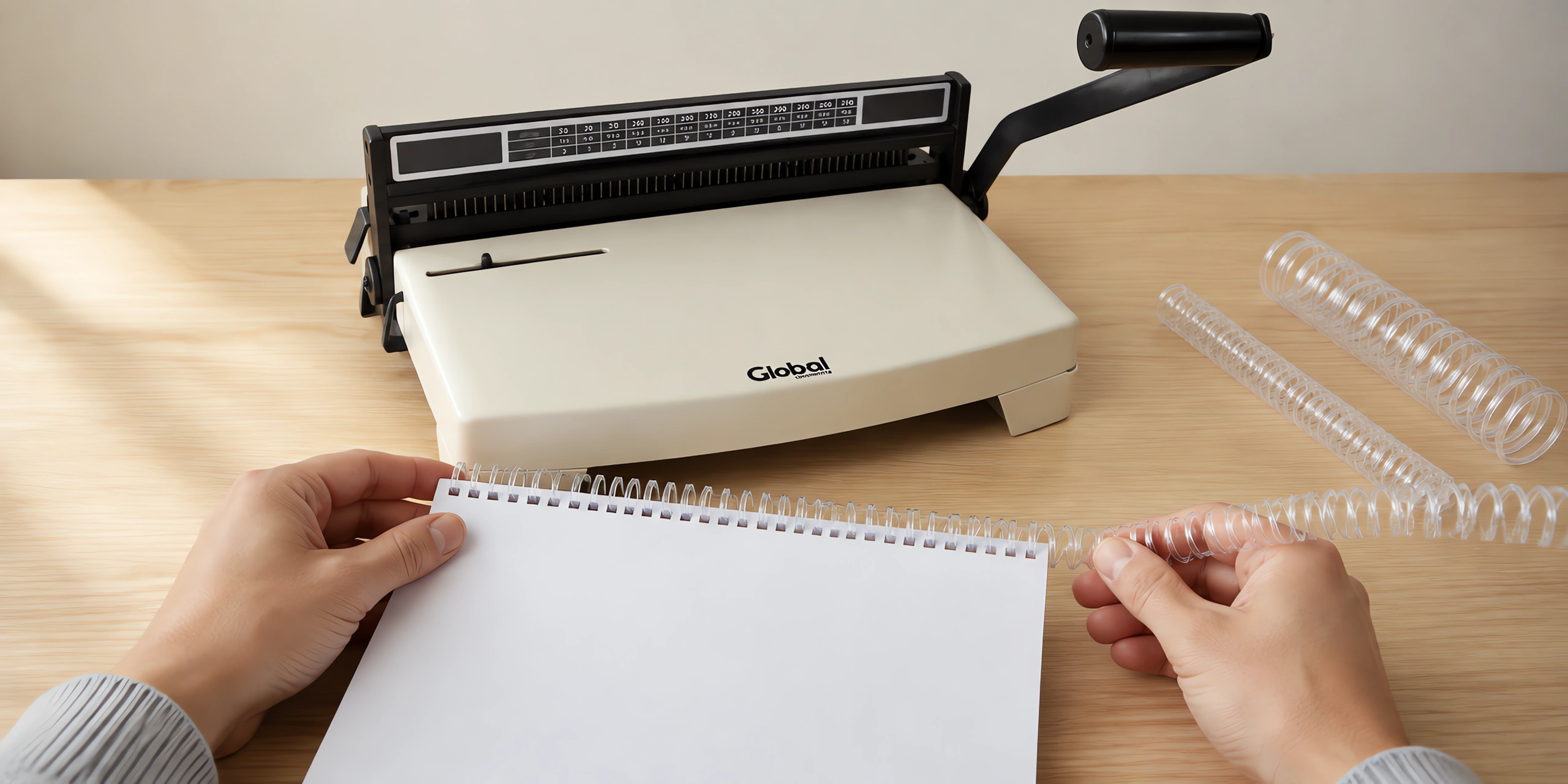 Manos enroscando el espiral plástico en un cuaderno perforado