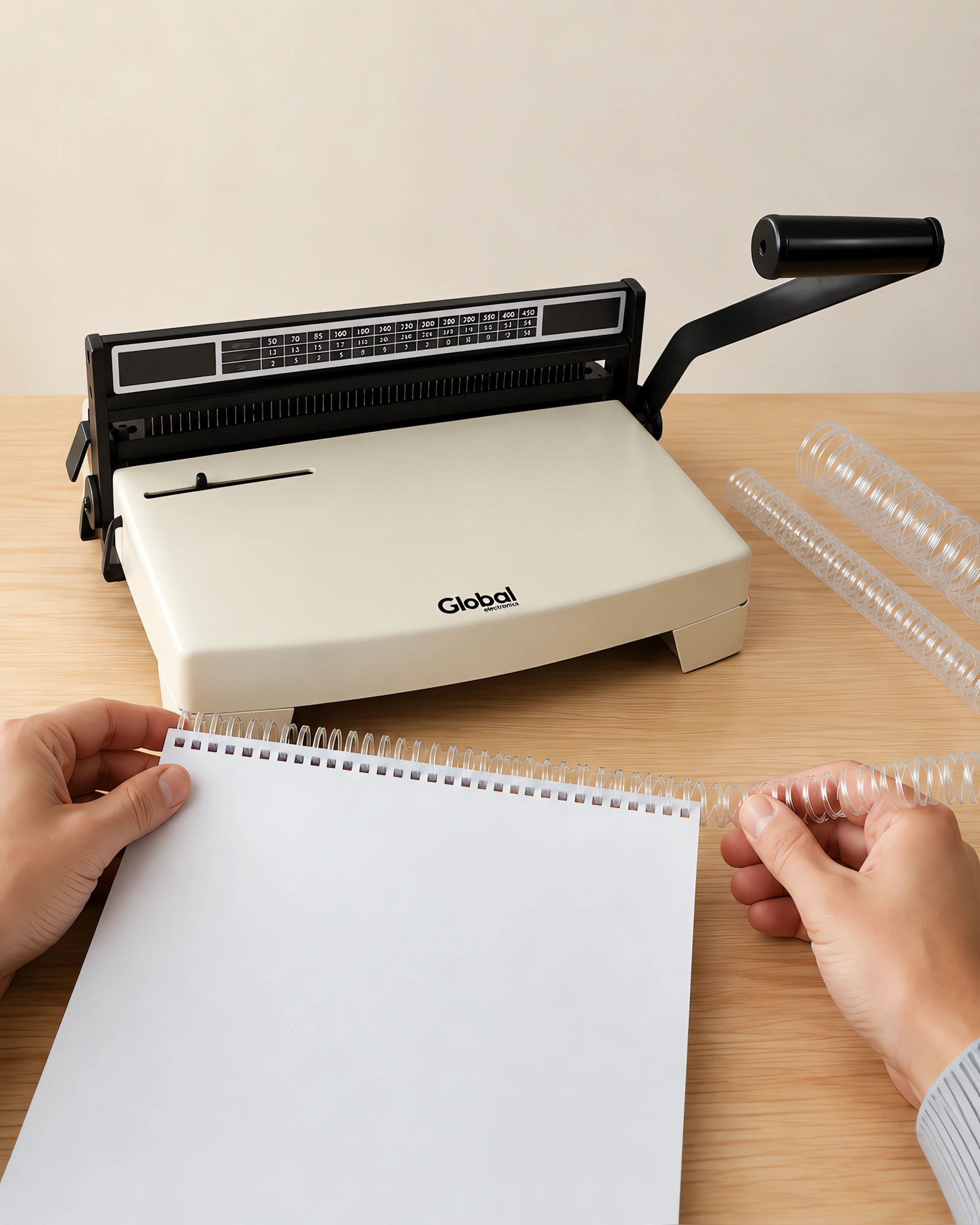 Manos enroscando el espiral plástico en un cuaderno perforado