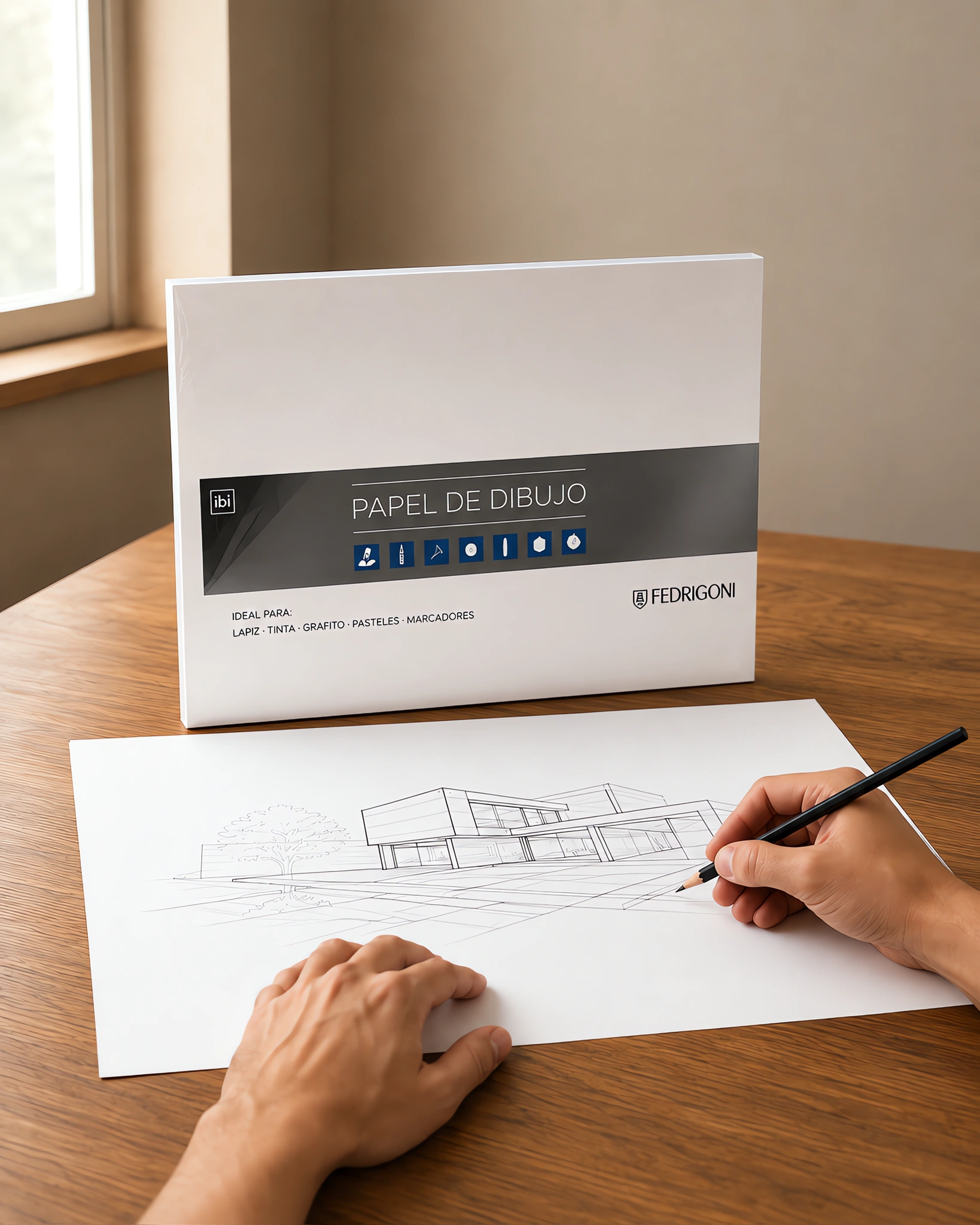 Un dibujo a lápiz sobre papel blanco junto al paquete de papel de dibujo