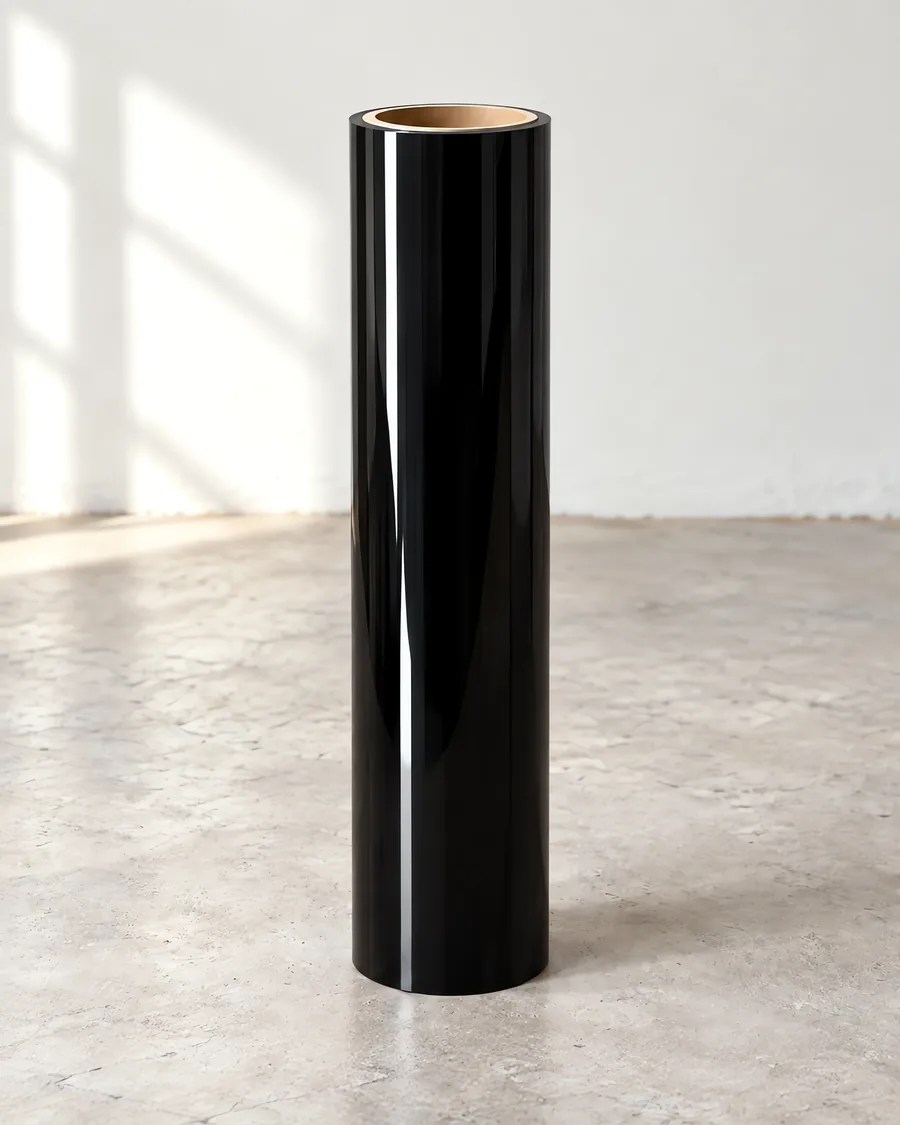 Rollo de vinilo polarizado oscuro, parado en el taller