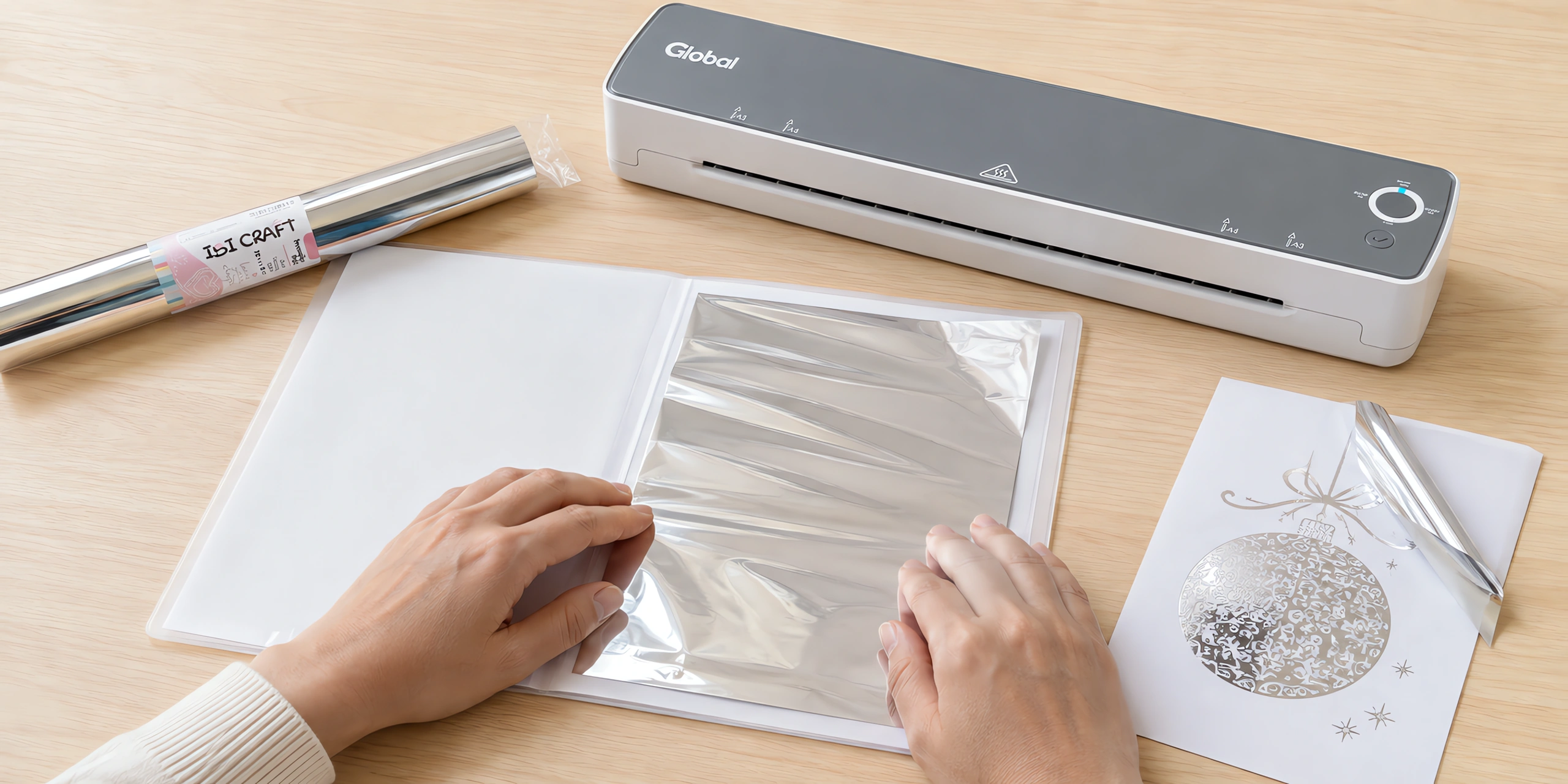 Manos apoyando la lámina de foil sobre la hoja impresa
