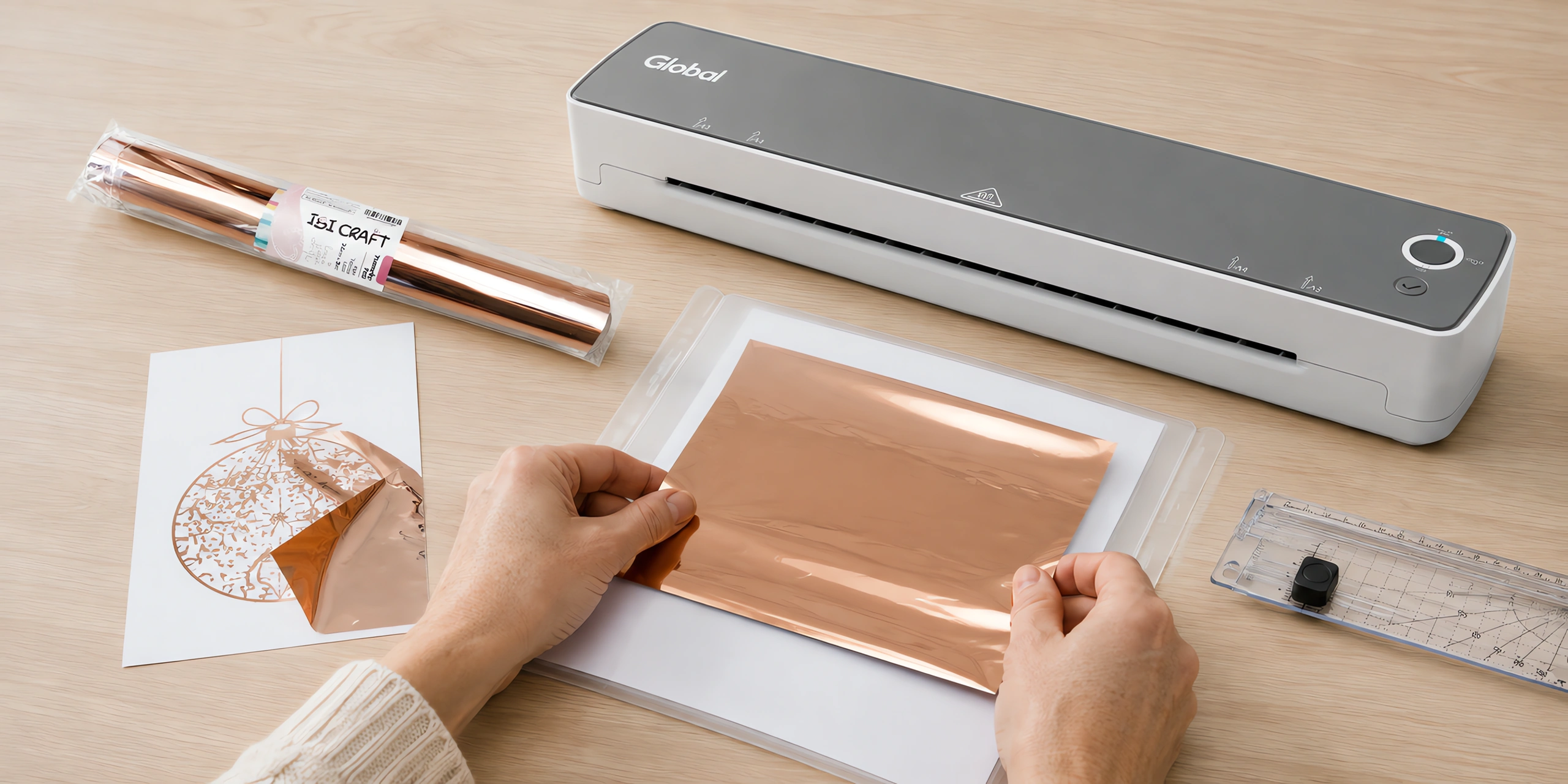 Manos apoyando la lámina de foil sobre la hoja impresa