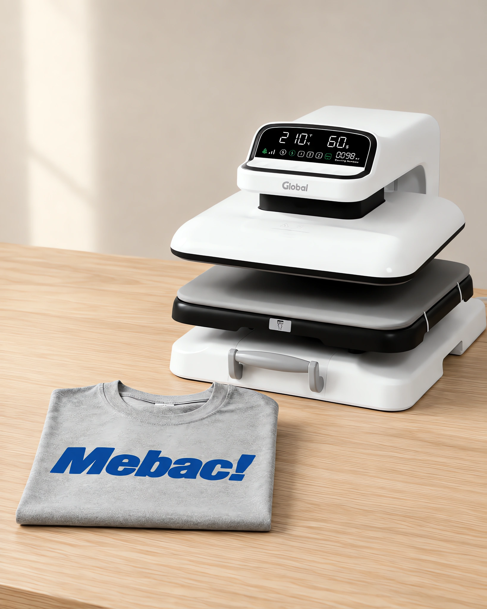 Prensa plana automática abierta sobre la mesa, con la remera recién estampada al lado