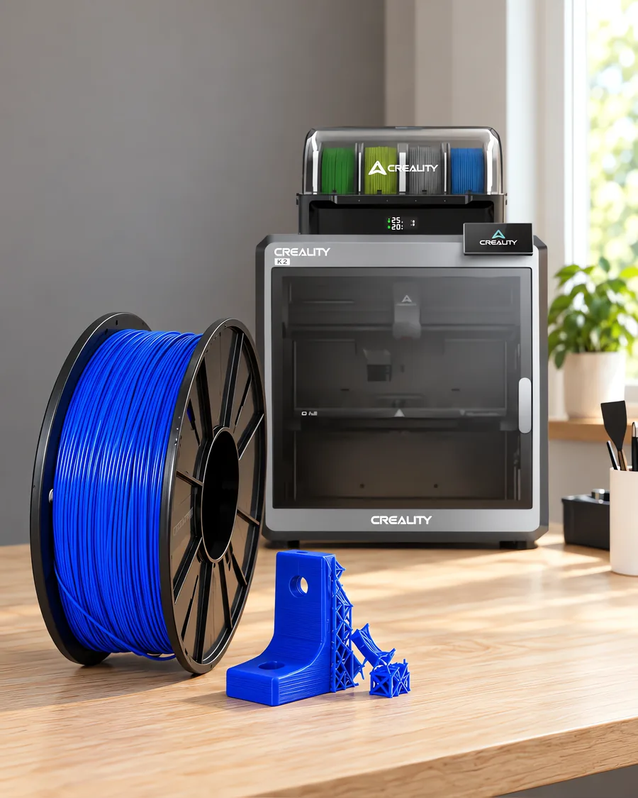 Carretel de filamento hips azul sobre una mesa de roble claro, con una impresora 3D detrás y un soporte impresa en el mismo color al lado.