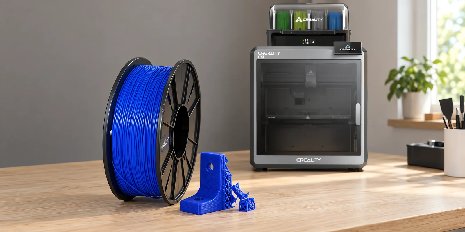 Carretel de filamento hips azul sobre una mesa de roble claro, con una impresora 3D detrás y un soporte impresa en el mismo color al lado.