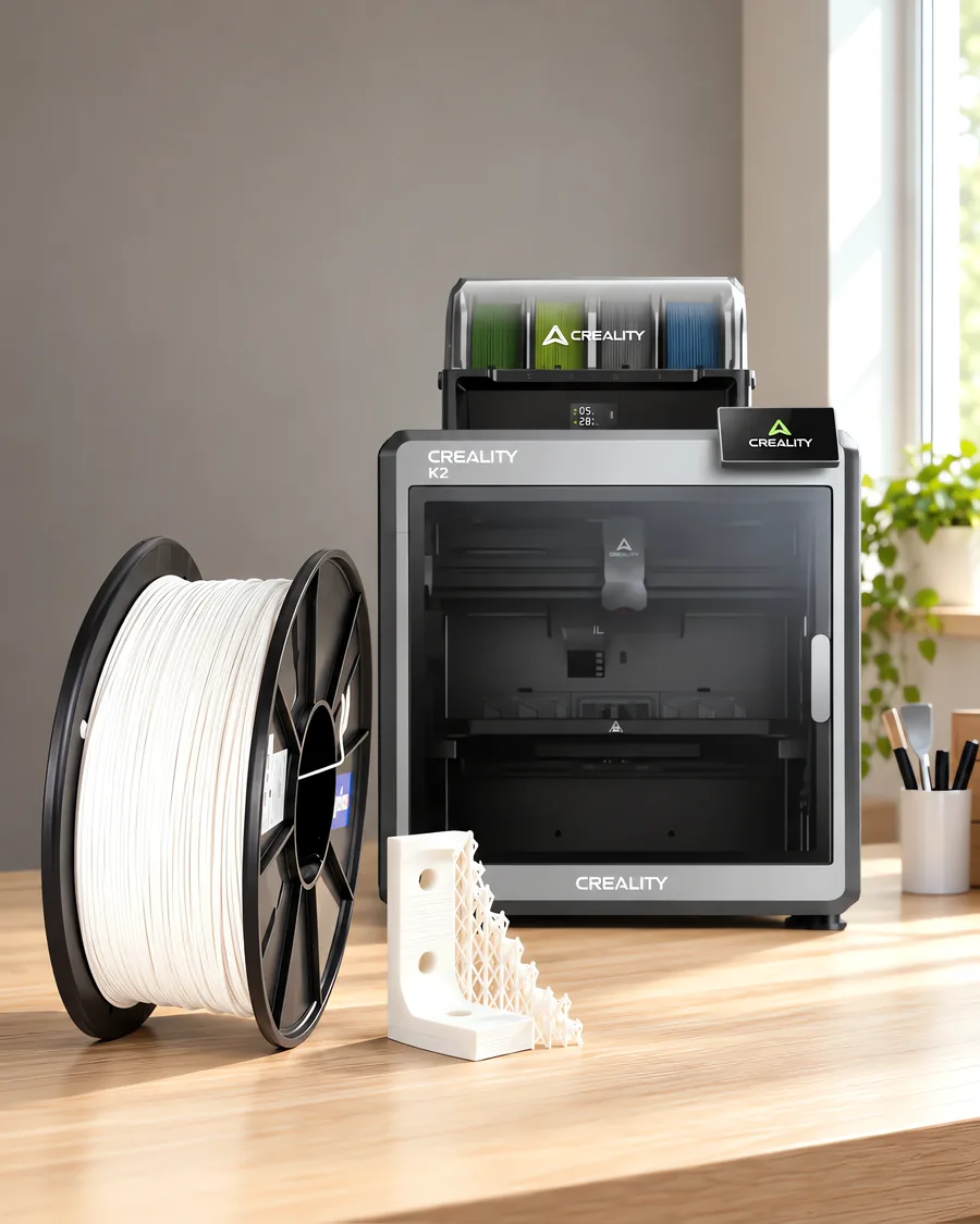 Carretel de filamento hips blanco sobre una mesa de roble claro, con una impresora 3D detrás y un soporte impresa en el mismo color al lado.