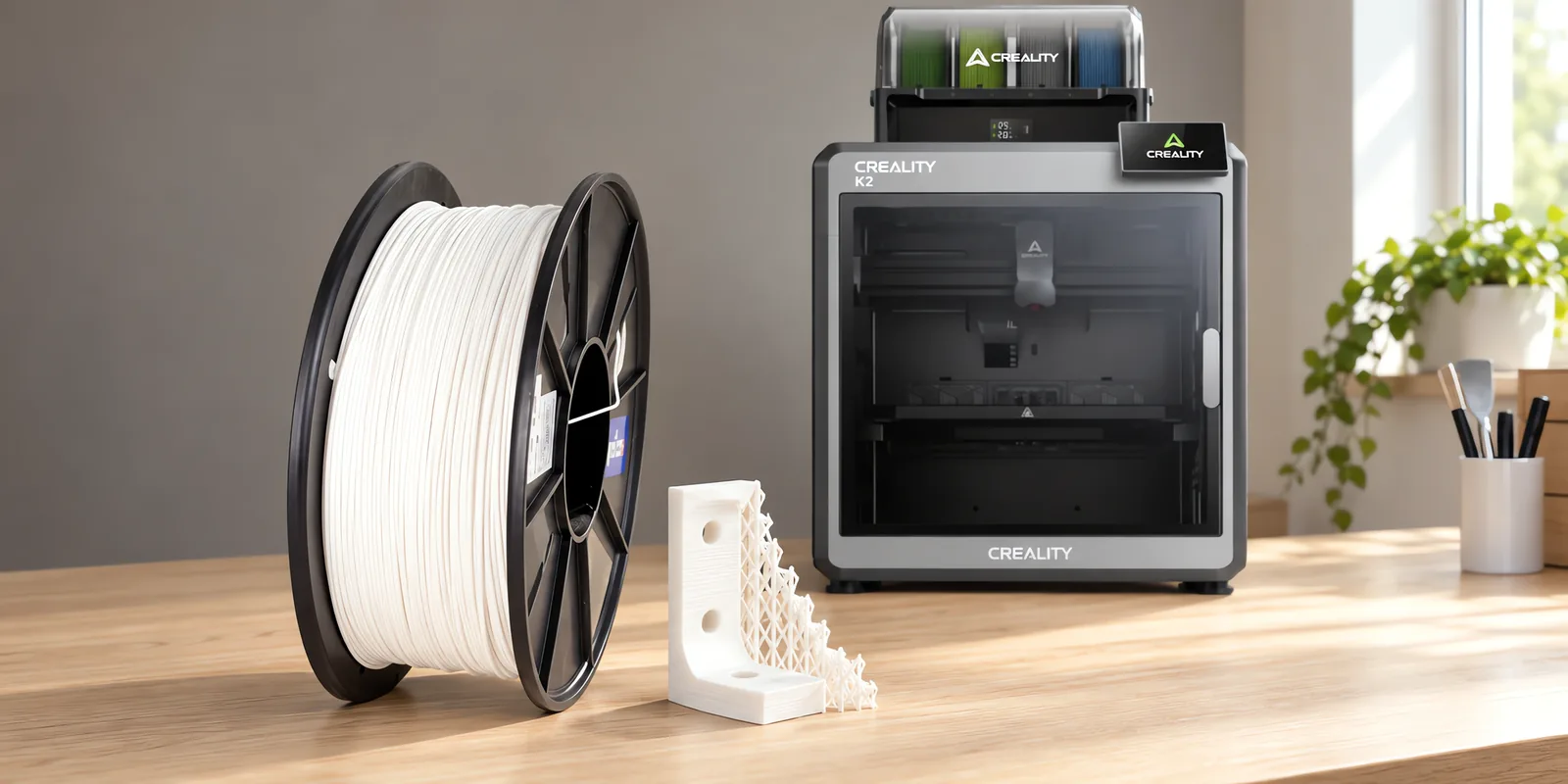 Carretel de filamento hips blanco sobre una mesa de roble claro, con una impresora 3D detrás y un soporte impresa en el mismo color al lado.