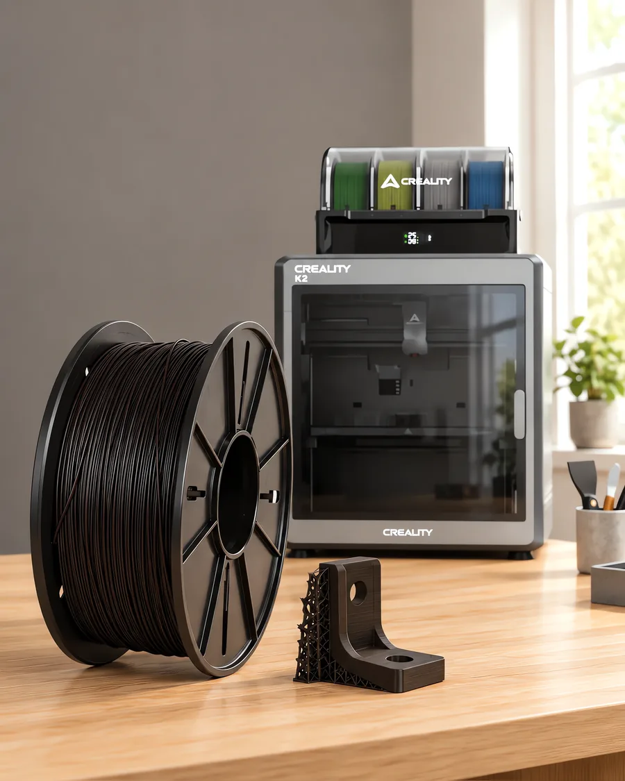 Carretel de filamento hips negro sobre una mesa de roble claro, con una impresora 3D detrás y un soporte impresa en el mismo color al lado.