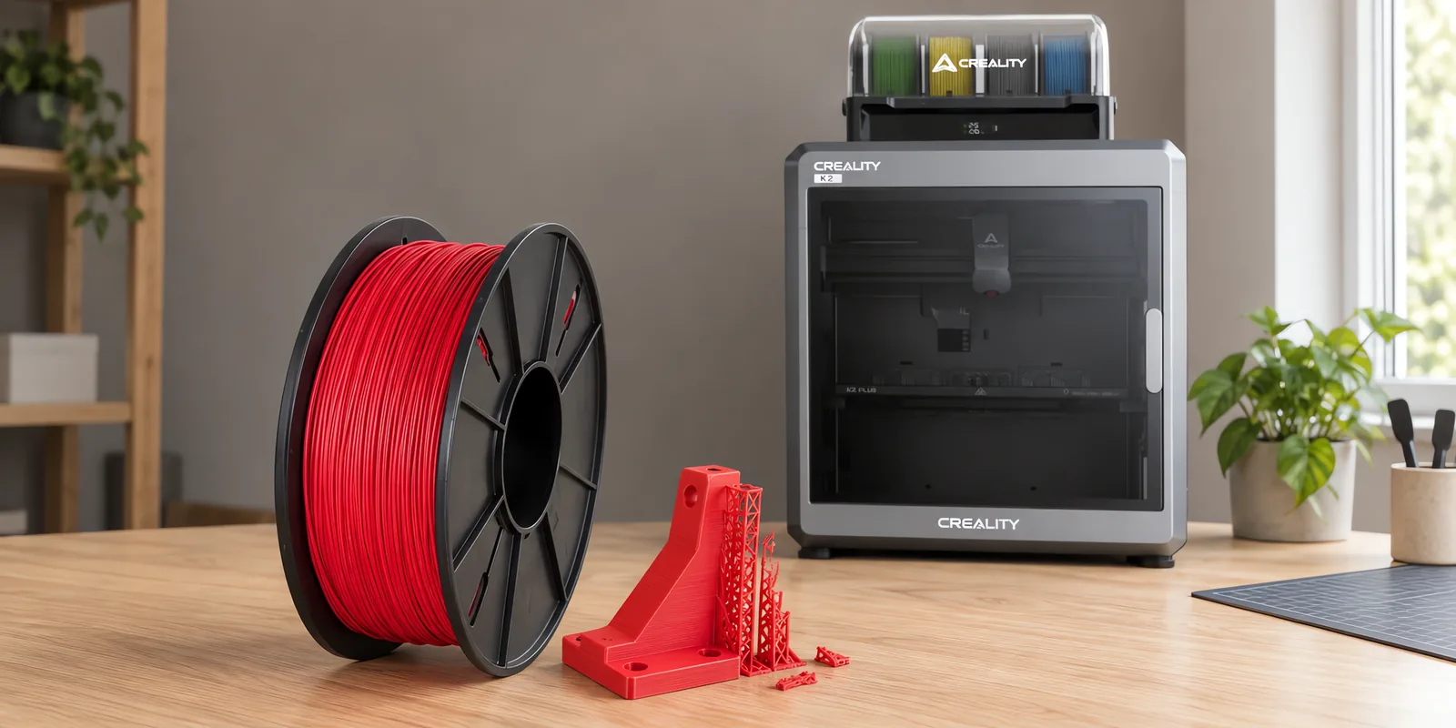 Carretel de filamento hips rojo sobre una mesa de roble claro, con una impresora 3D detrás y un soporte impresa en el mismo color al lado.
