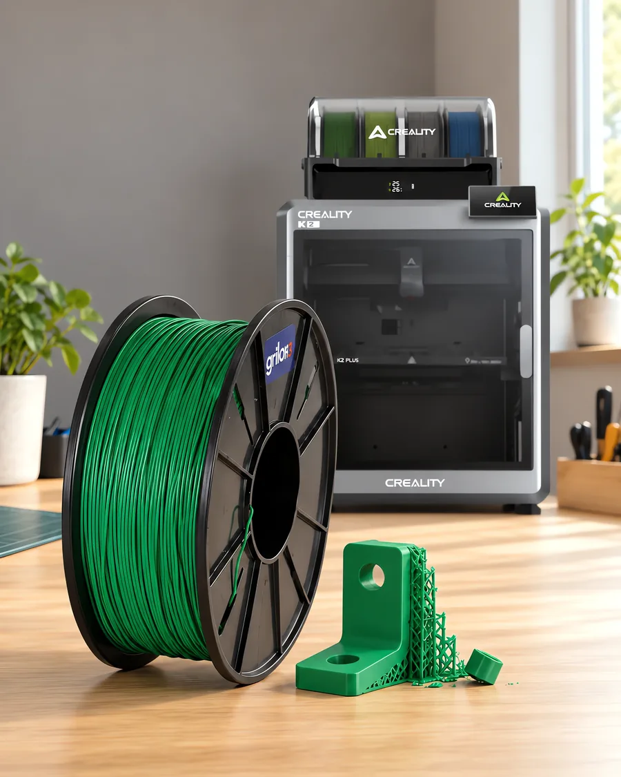 Carretel de filamento hips verde sobre una mesa de roble claro, con una impresora 3D detrás y un soporte impresa en el mismo color al lado.