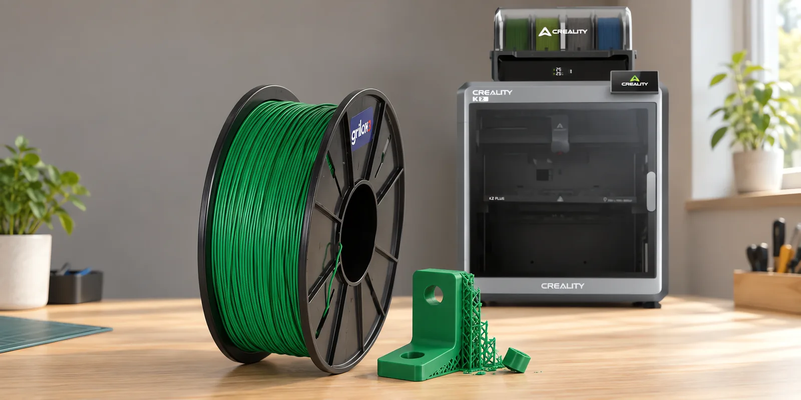 Carretel de filamento hips verde sobre una mesa de roble claro, con una impresora 3D detrás y un soporte impresa en el mismo color al lado.
