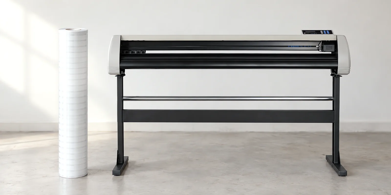 Rollo de vinilo banda horizontal fade, parado junto al plóter de corte