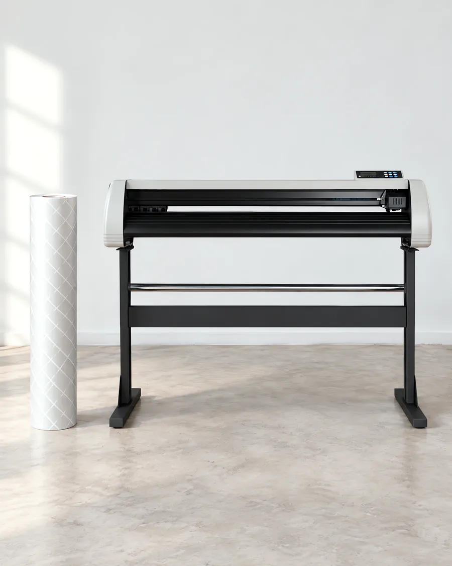 Rollo de vinilo diamantes, parado junto al plóter de corte